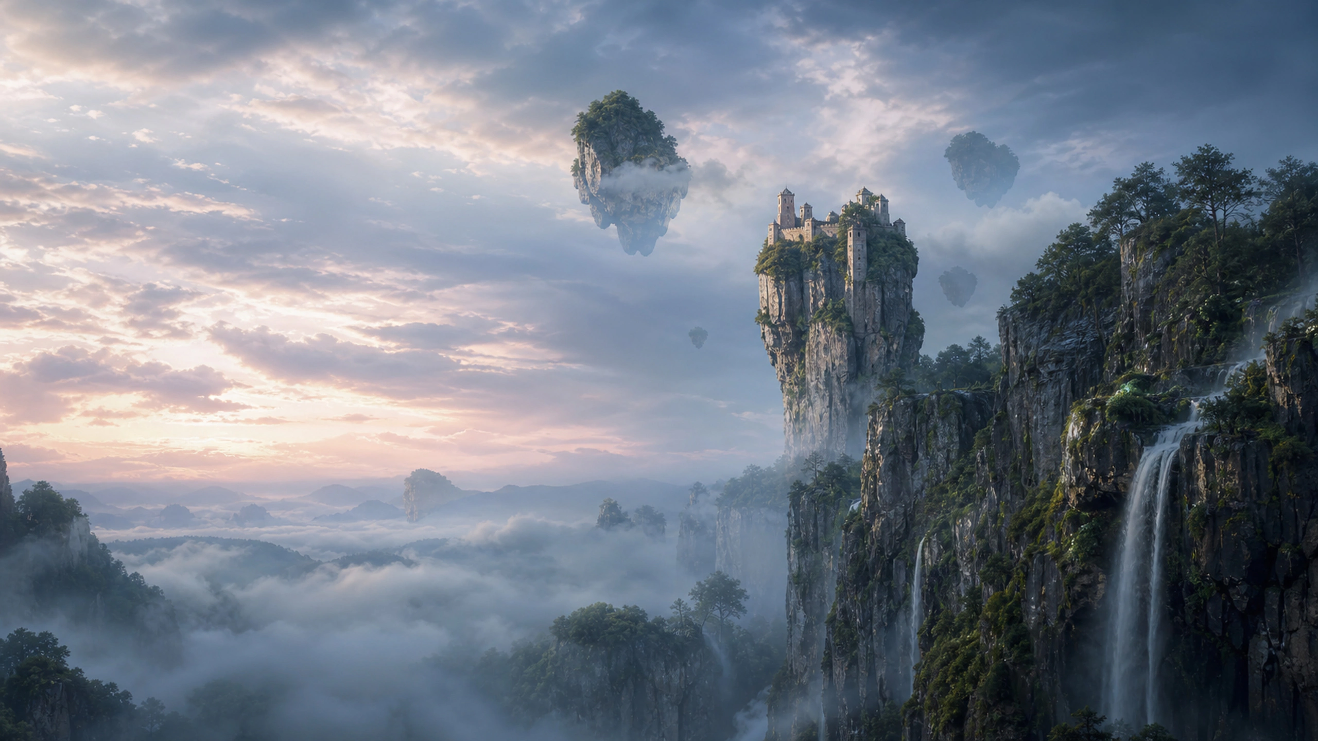 Tiny wholly original distant citadel integrated into floating cliffs above dense mist, original 4K fantasy worlds wallpaper
