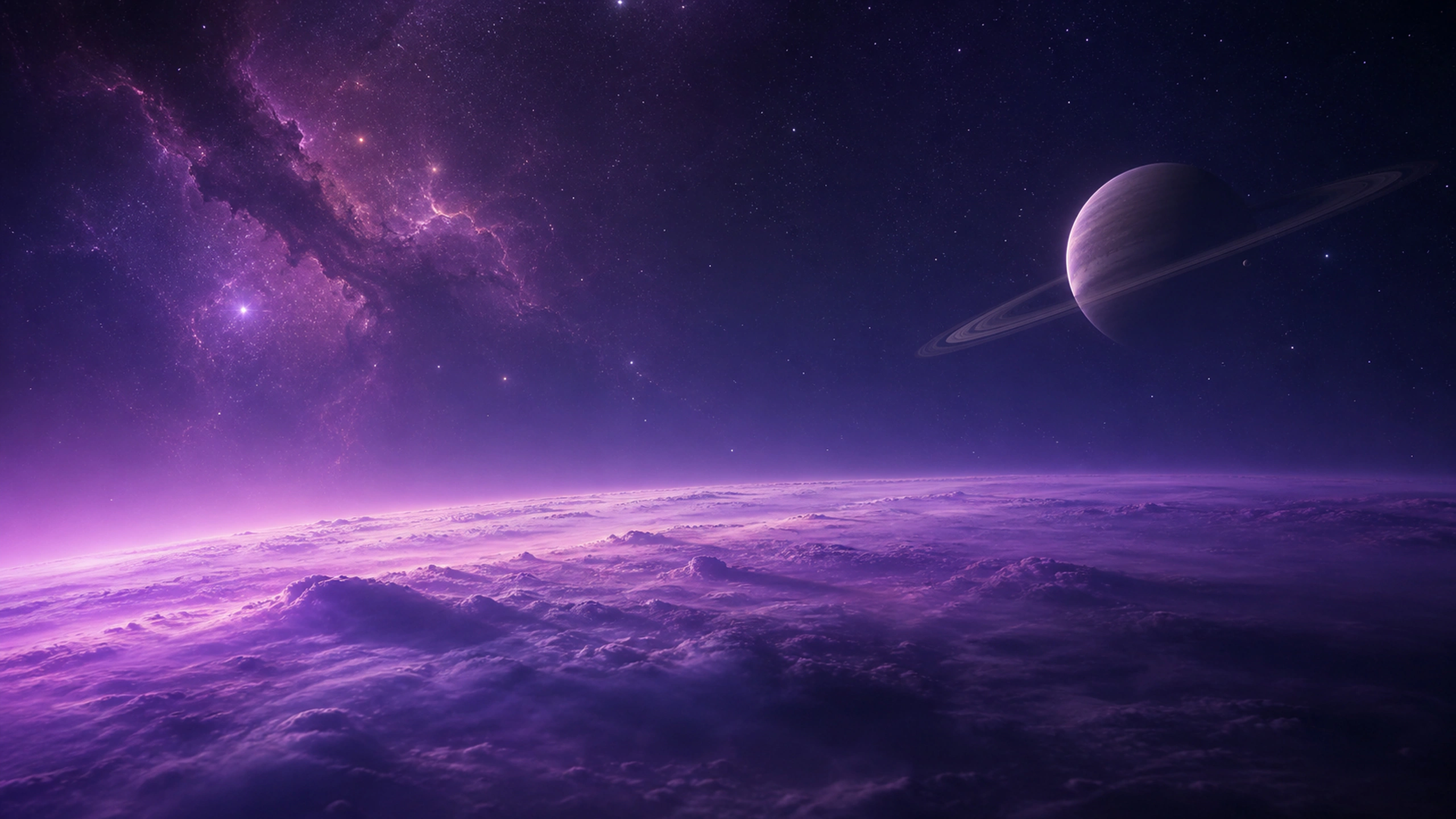 Distant ringed exoplanet above a layered violet nebula horizon and sparse bright stars, original 4K space wallpaper