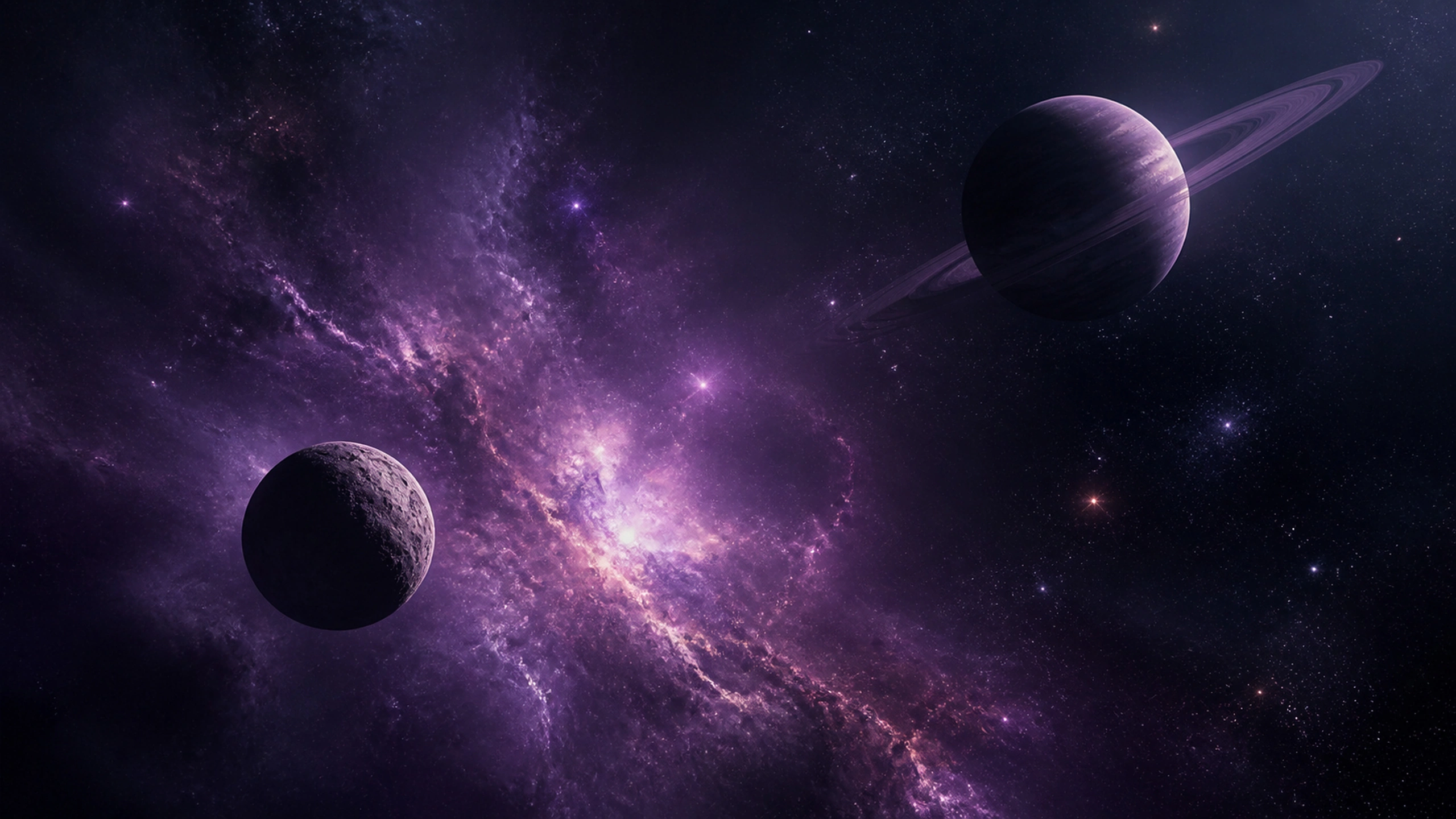 Small cratered moon crossing in front of luminous purple interstellar gas, original 4K space wallpaper