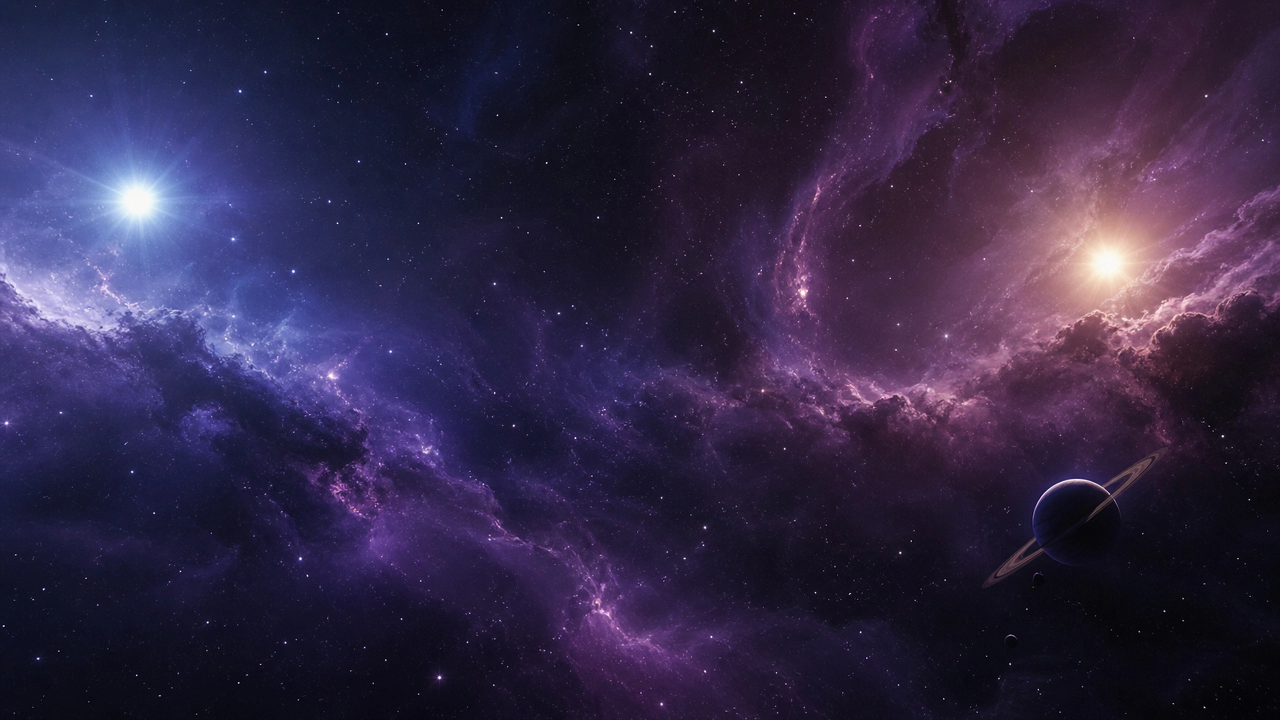 Two physically plausible stars illuminating violet dust clouds from opposing directions, original 4K space wallpaper