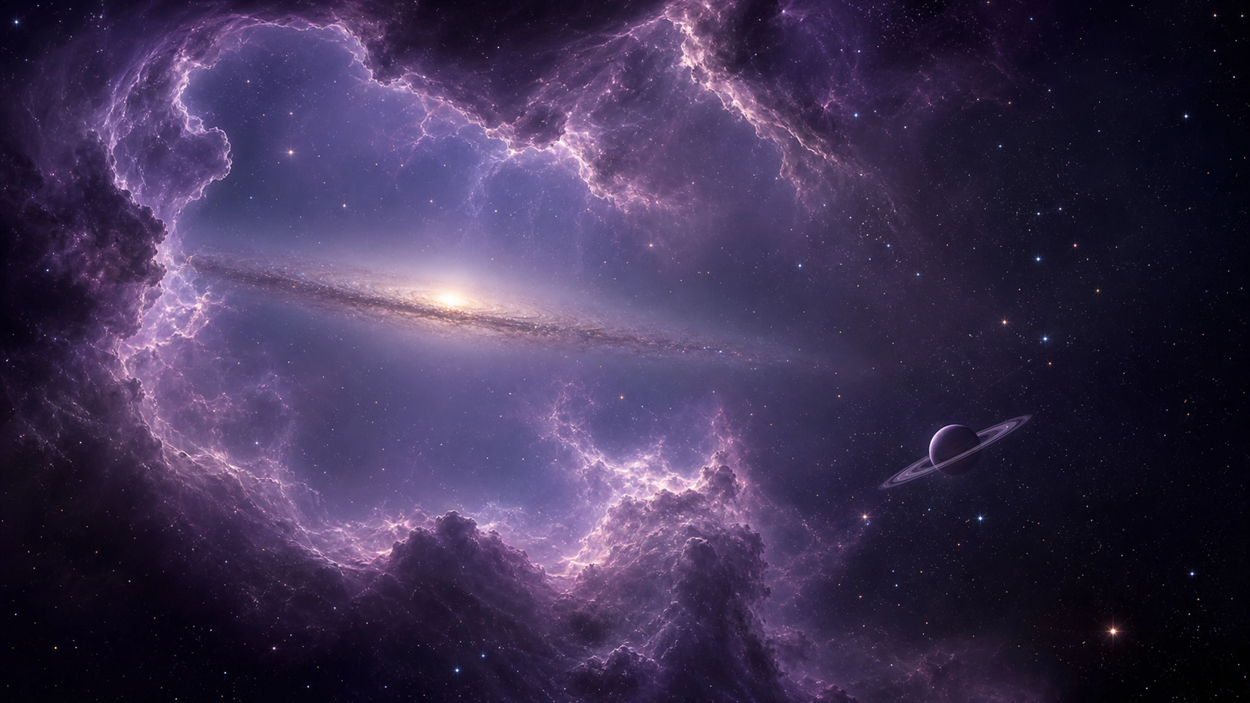 Edge-on distant galaxy visible through a translucent lavender nebula opening, original 4K space wallpaper
