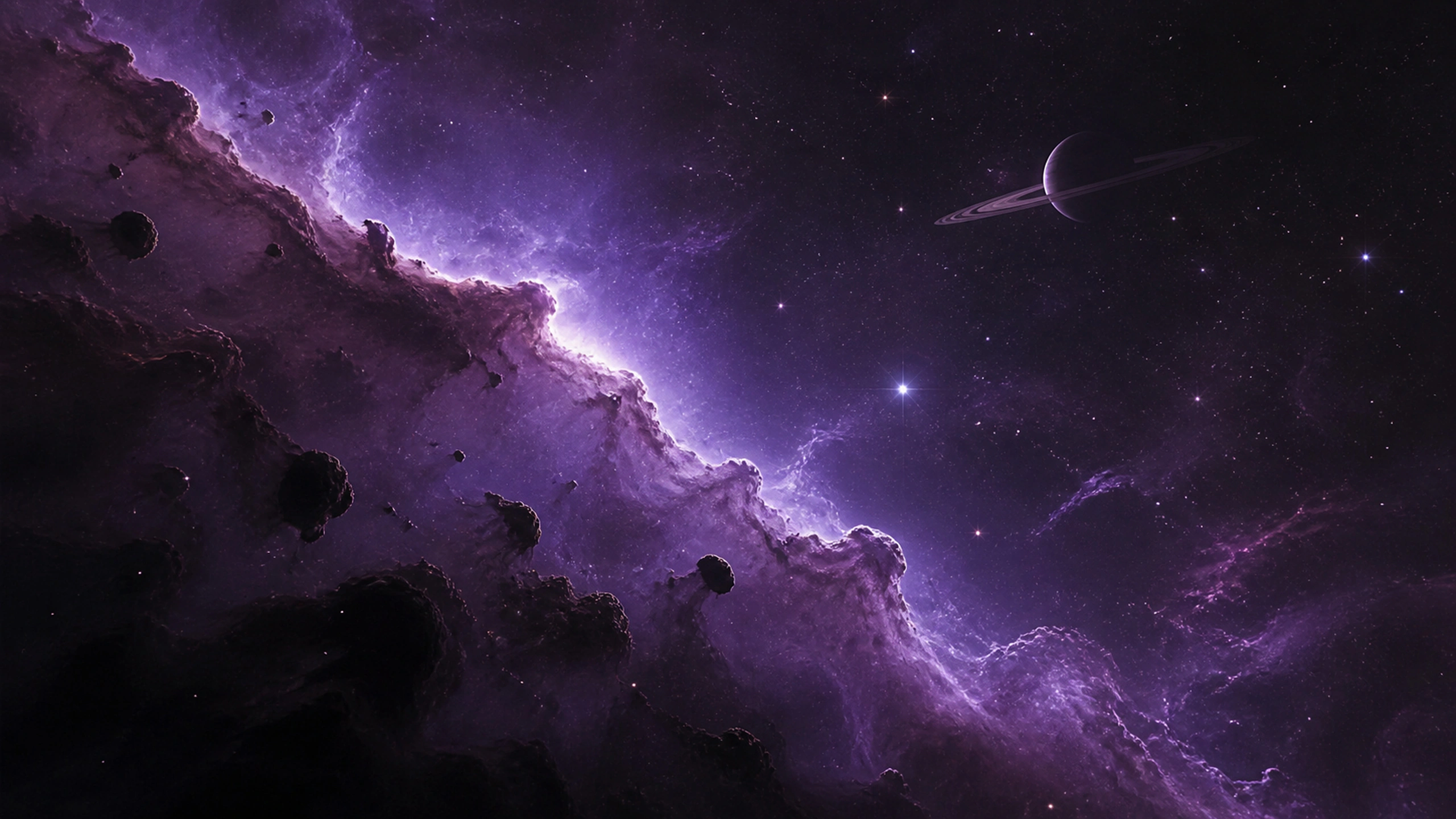Complex purple ionization front resembling a cosmic coastline, dark dust globules, original 4K space wallpaper