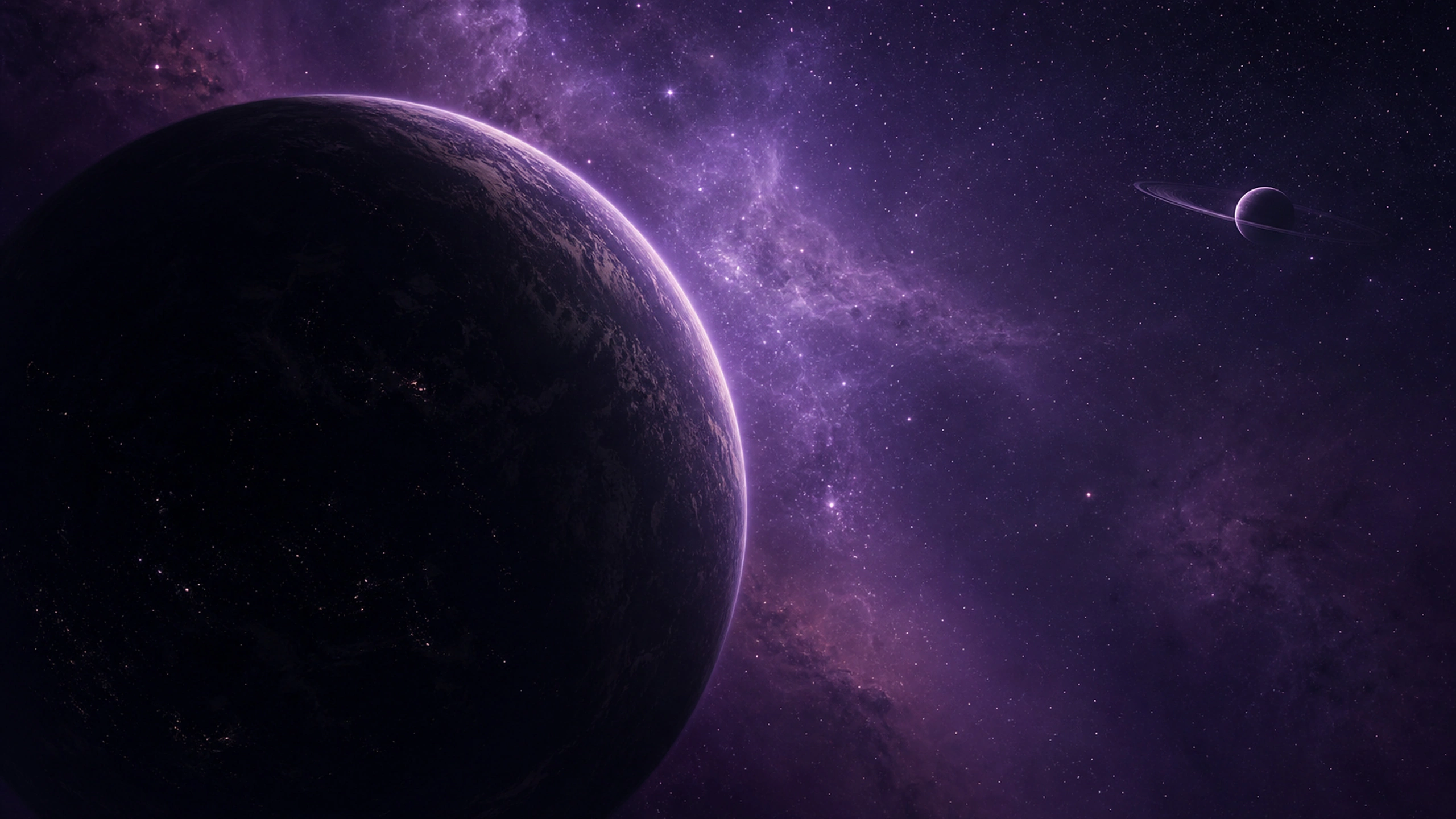 Large original planet mostly in shadow against a restrained violet stellar nursery, original 4K space wallpaper