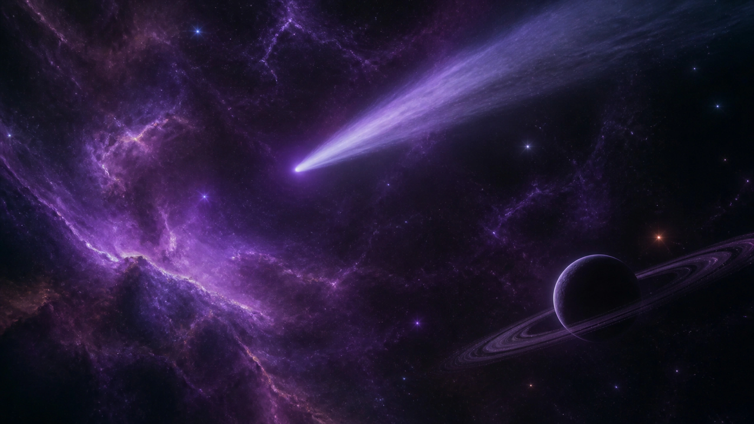 Single comet and fine tail passing through a broad purple deep-space field, original 4K space wallpaper