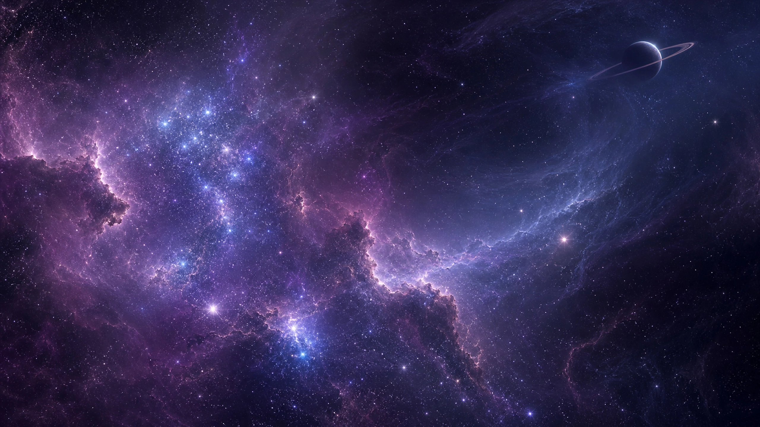 Dense blue-white star cluster extending into wispy violet gas, vast believable depth, original 4K space wallpaper