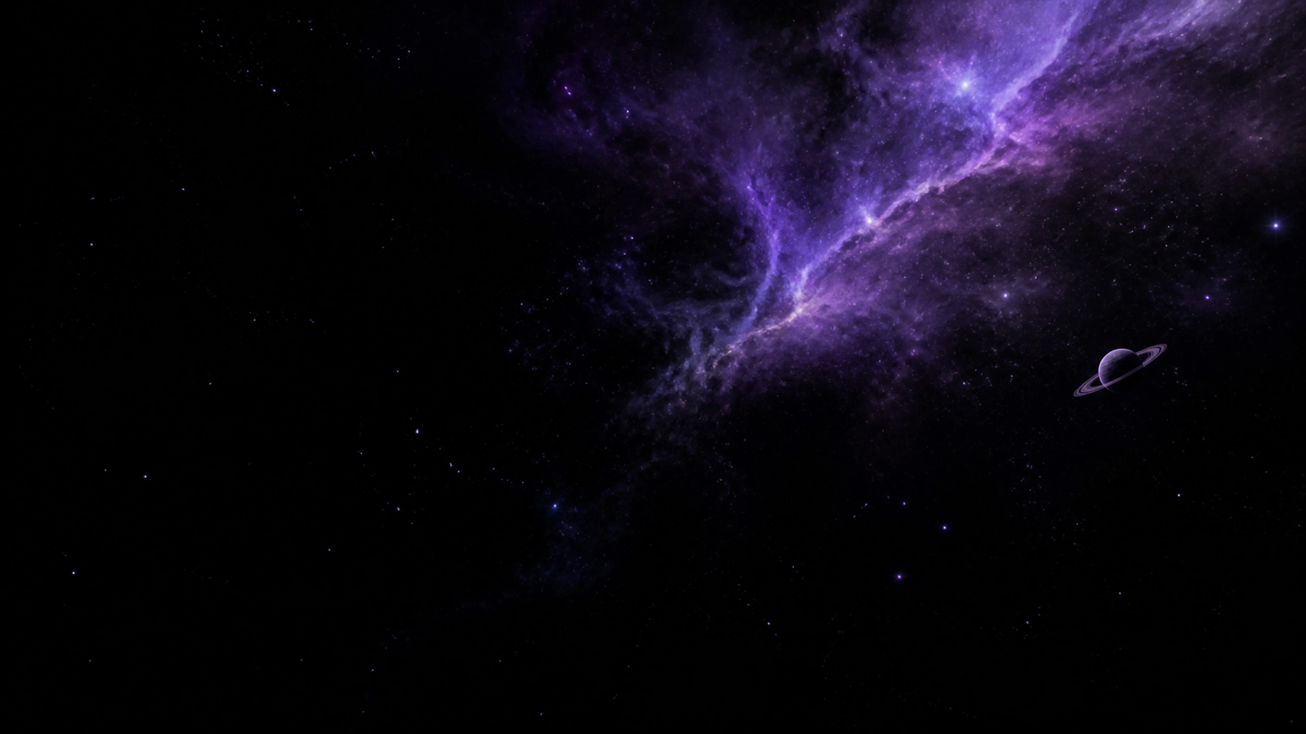 Minimal deep-black space with one delicate violet cloud and tiny ringed world, original 4K space wallpaper