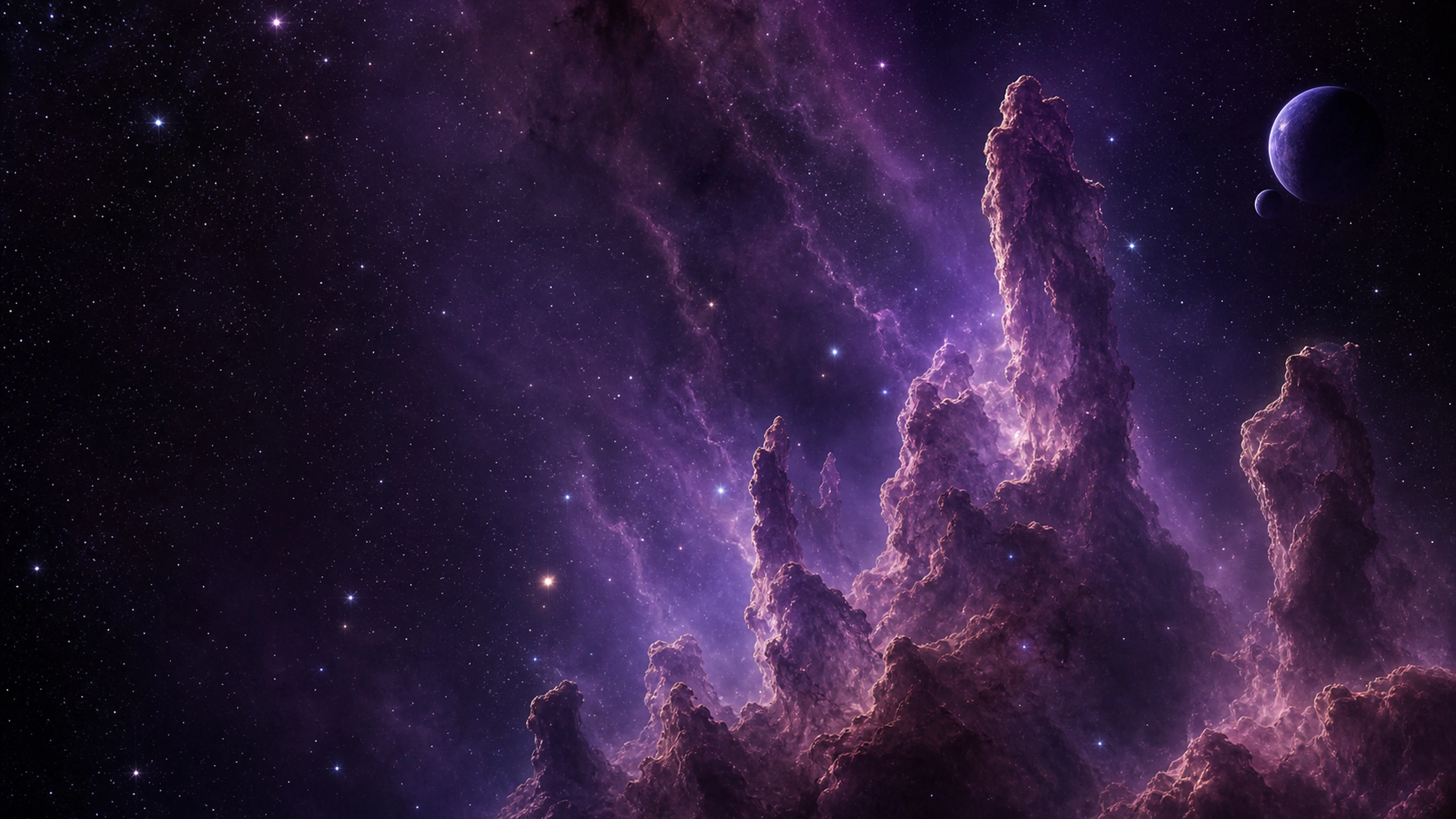 Towering violet molecular-cloud pillars with fine dust lanes and dense varied stars, original 4K space wallpaper