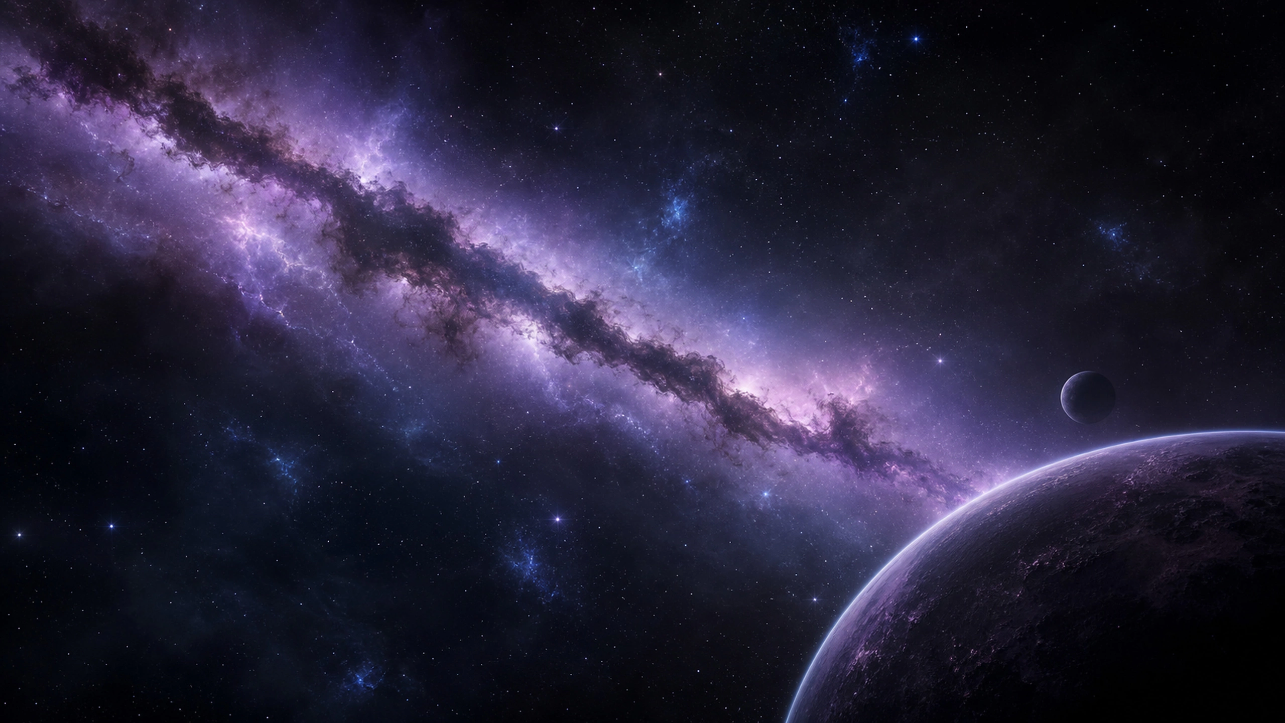 Wide cosmic rift of lavender gas dividing a dark star field, subtle blue emission regions, original 4K space wallpaper