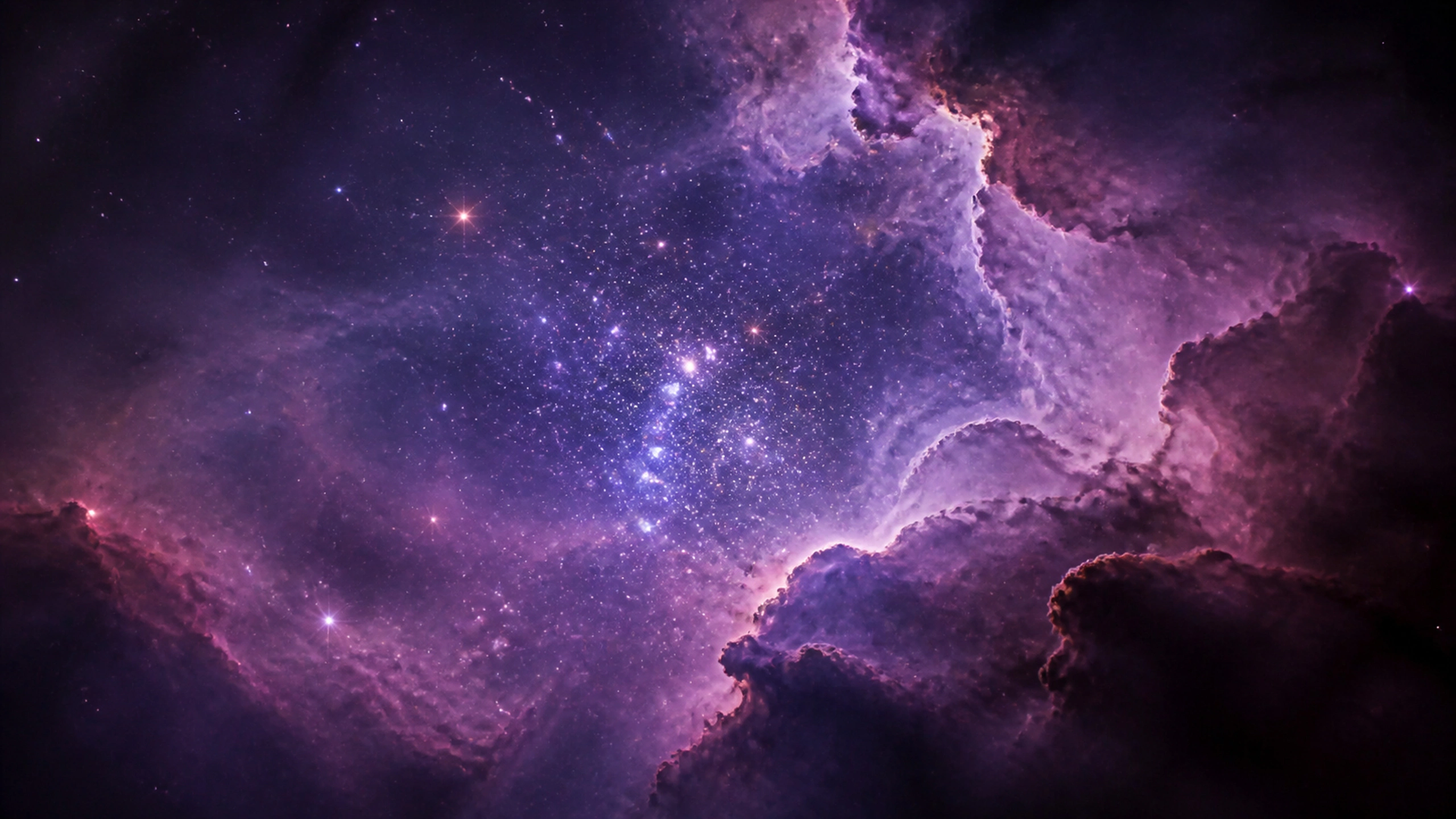 Young star cluster embedded in layered purple and rose hydrogen clouds, scientific scale, original 4K space wallpaper