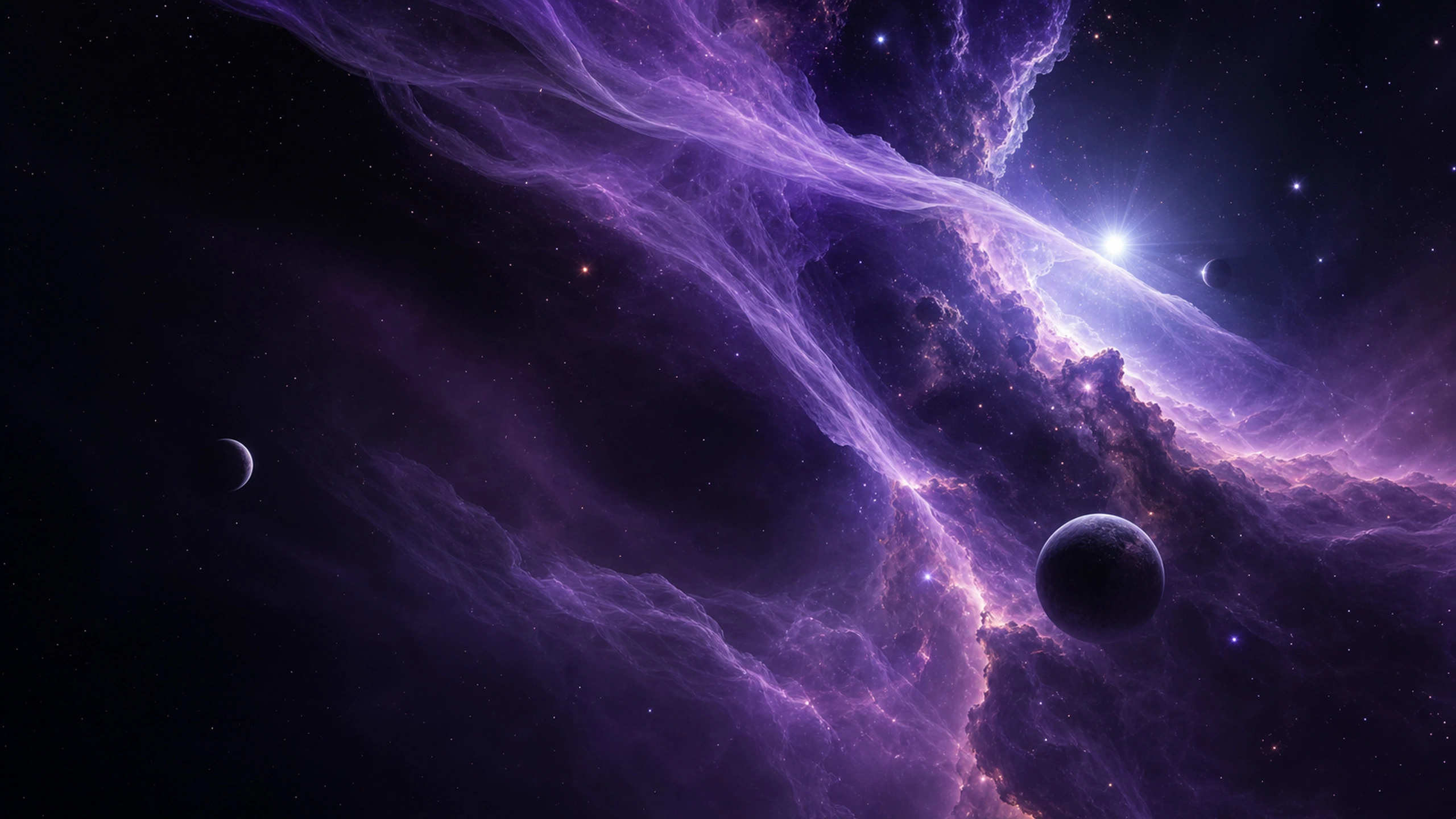 Translucent violet dust sheets crossing a bright stellar nursery, deep black negative space, original 4K space wallpaper