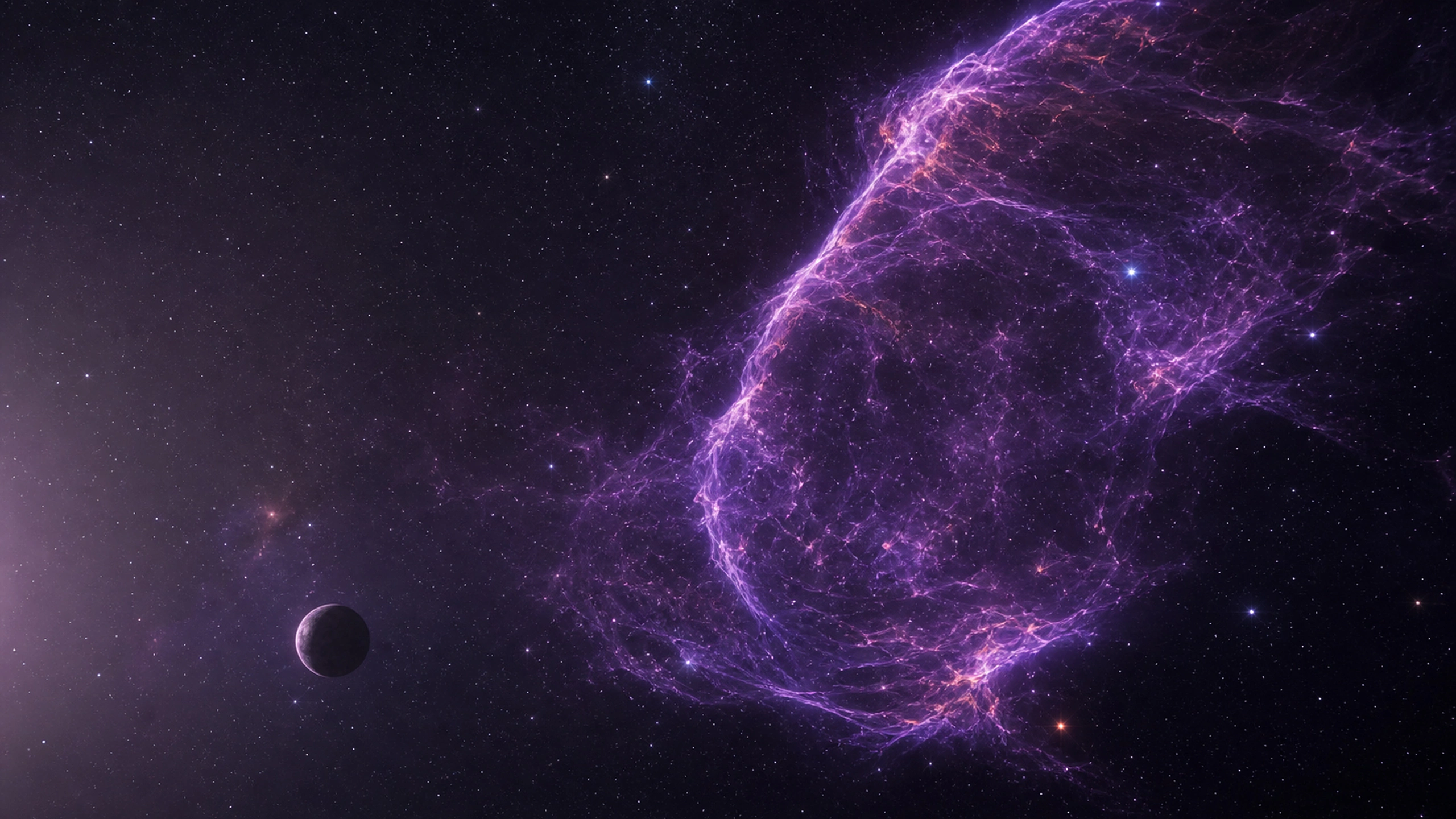 Delicate purple supernova remnant filaments expanding through a sparse star field, original 4K space wallpaper