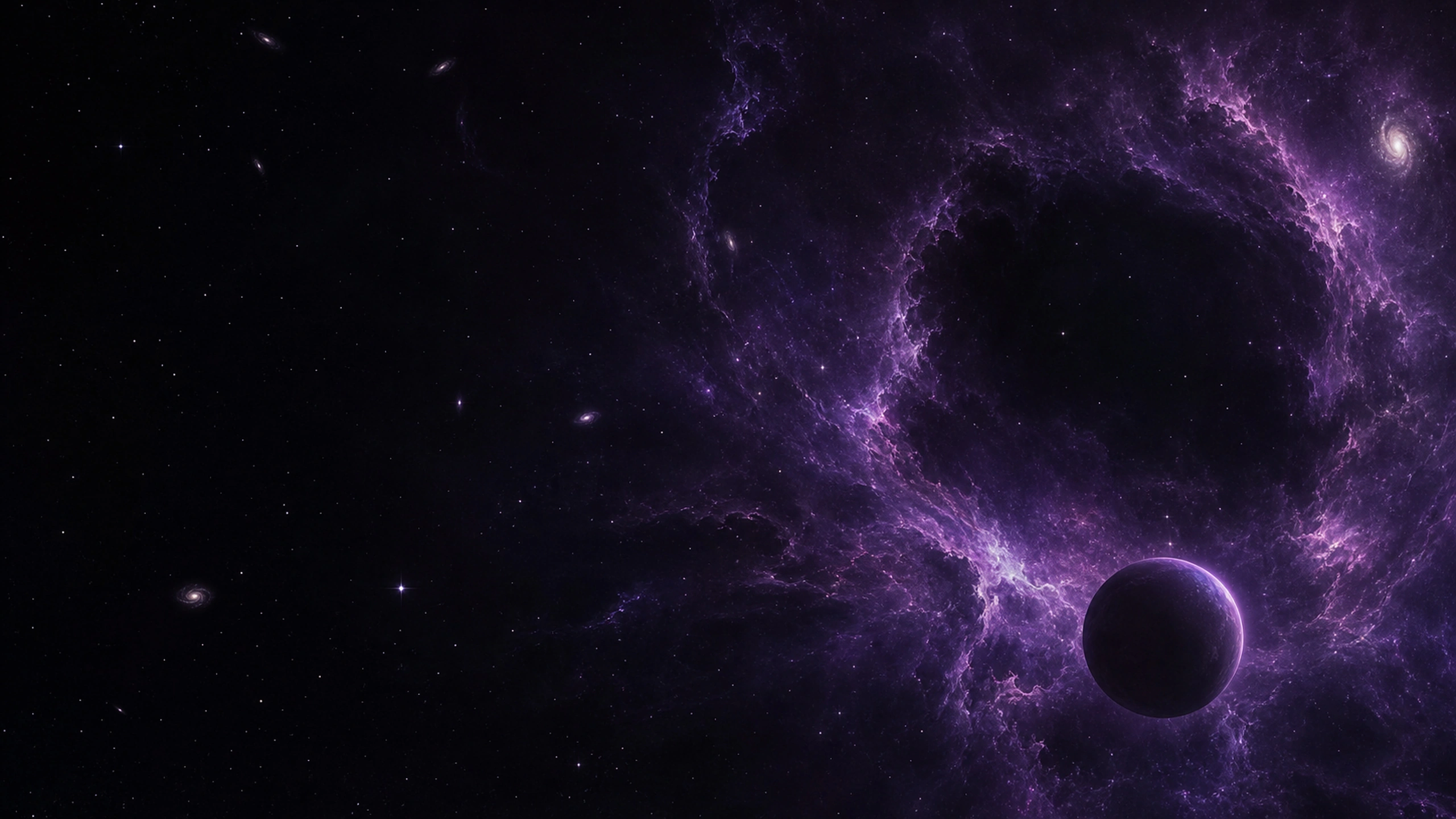 Near-black nebula core surrounded by restrained violet ionized gas and tiny distant galaxies, original 4K space wallpaper