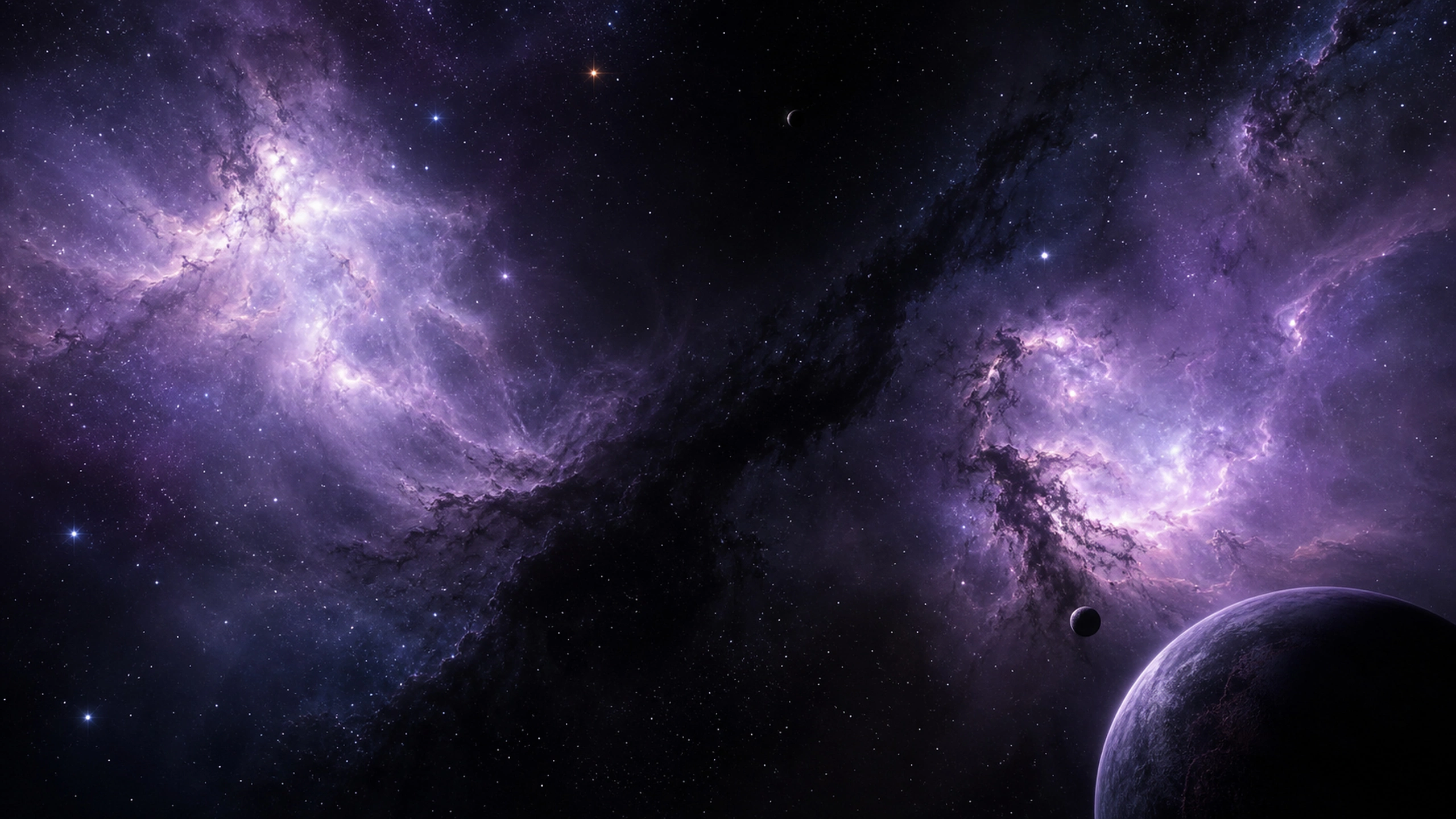 Two distinct lavender nebula complexes separated by a river of dark interstellar dust, original 4K space wallpaper