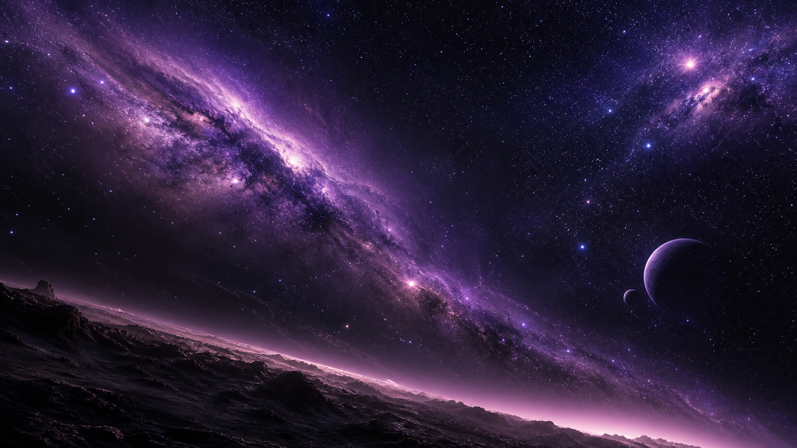 Vast curved violet emission arc across a realistic dense Milky Way star field, original 4K space wallpaper