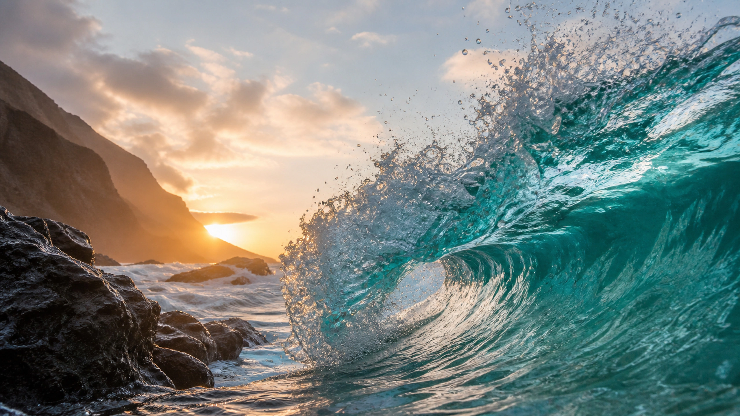 Transparent turquoise breaker exploding against black volcanic rock, fast shutter detail, original 4K ocean wallpaper