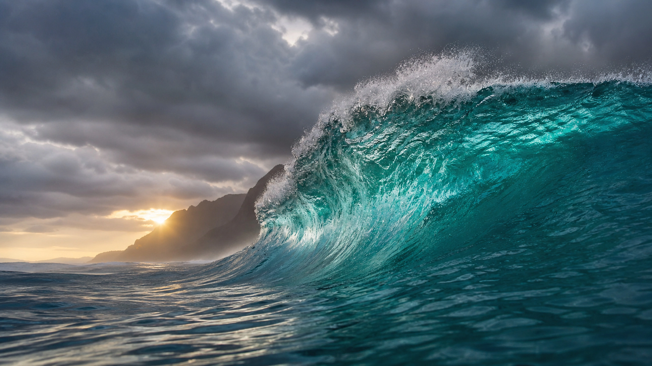 Large teal ocean swell rising beneath dark rain clouds, no surfers or boats, original 4K ocean wallpaper