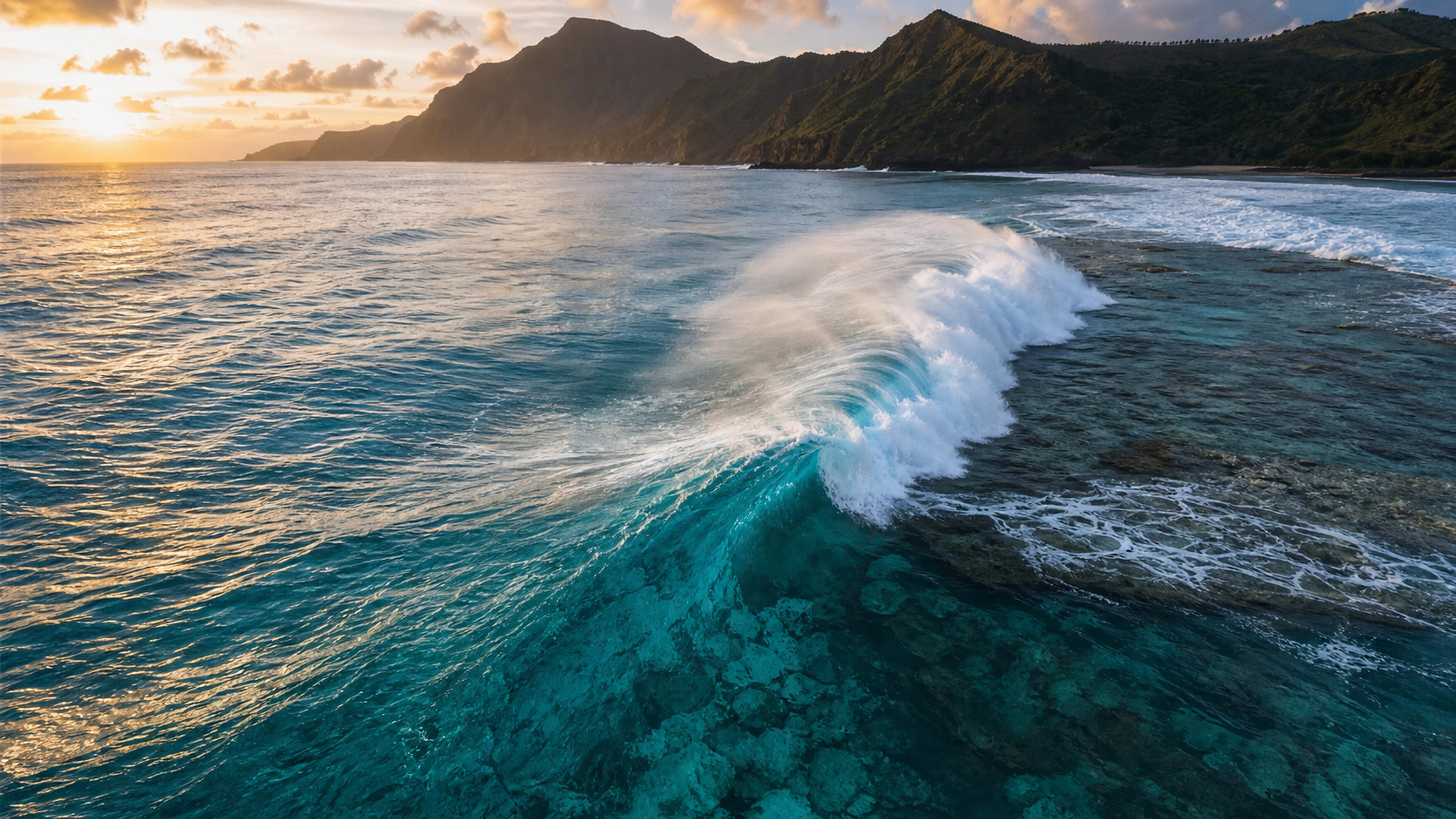 Powerful wave striking an offshore reef shelf, aerial view of white spray and deep blue, original 4K ocean wallpaper