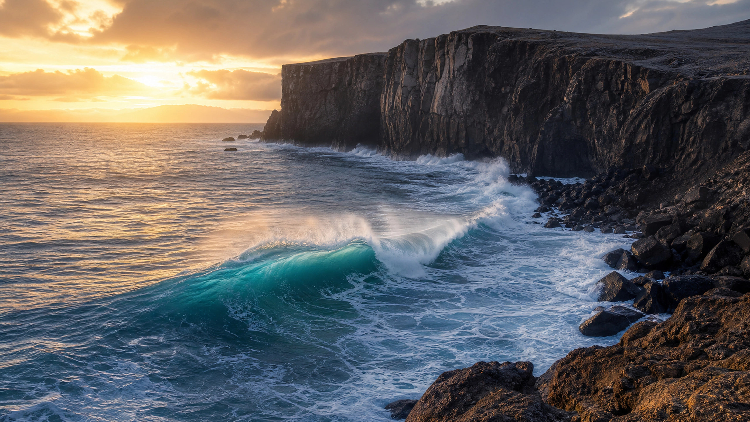 Successive wild waves breaking below sheer basalt sea cliffs, elevated viewpoint, original 4K ocean wallpaper