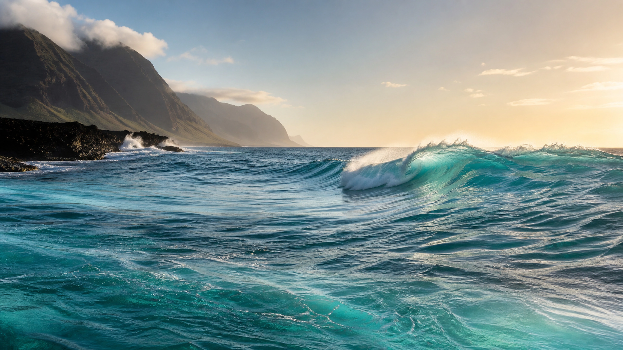 Two natural wave directions intersecting in luminous open water, textured geometry, original 4K ocean wallpaper
