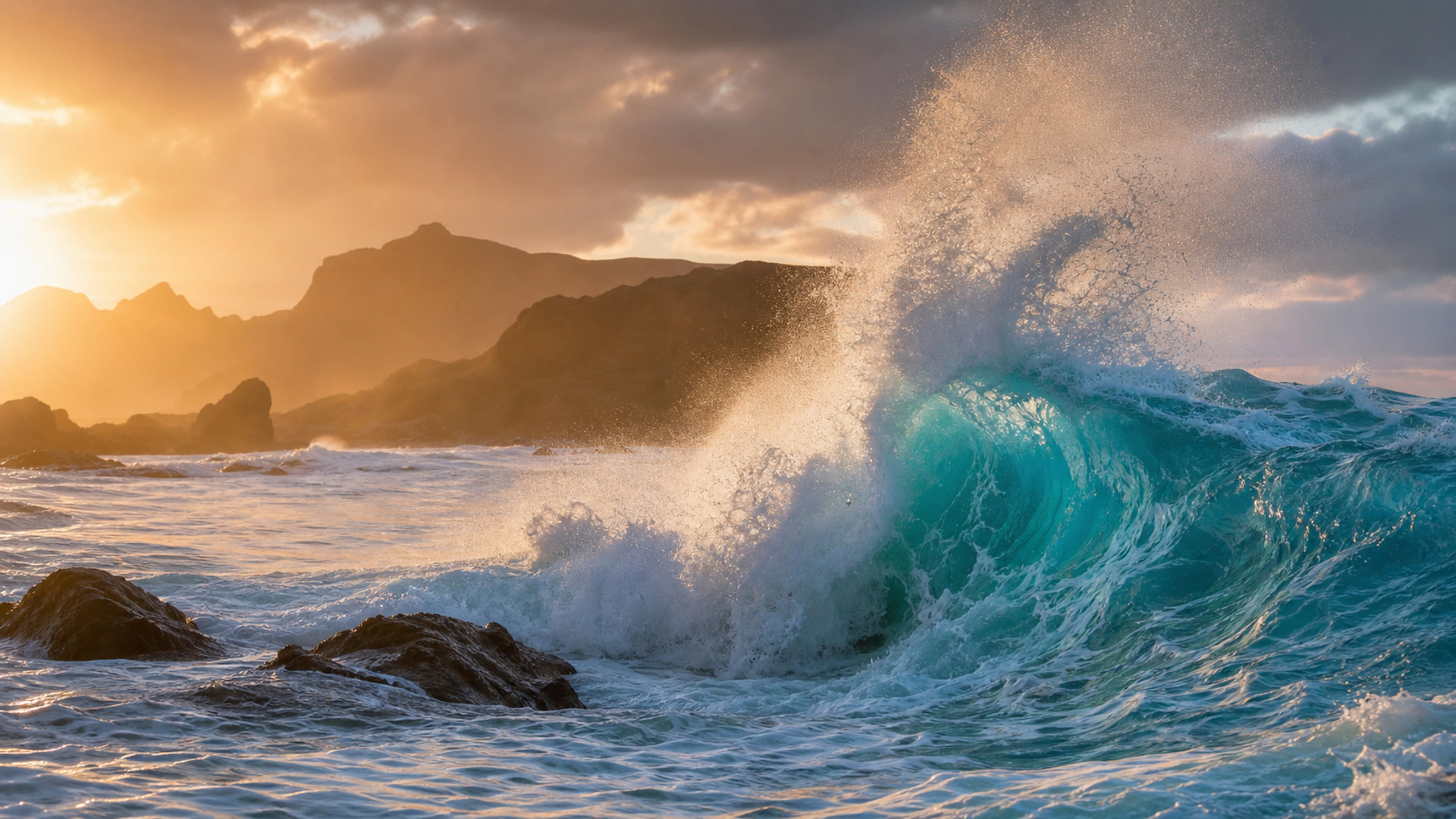 Incoming breaker colliding with backwash near remote rocks, dramatic vertical spray, original 4K ocean wallpaper