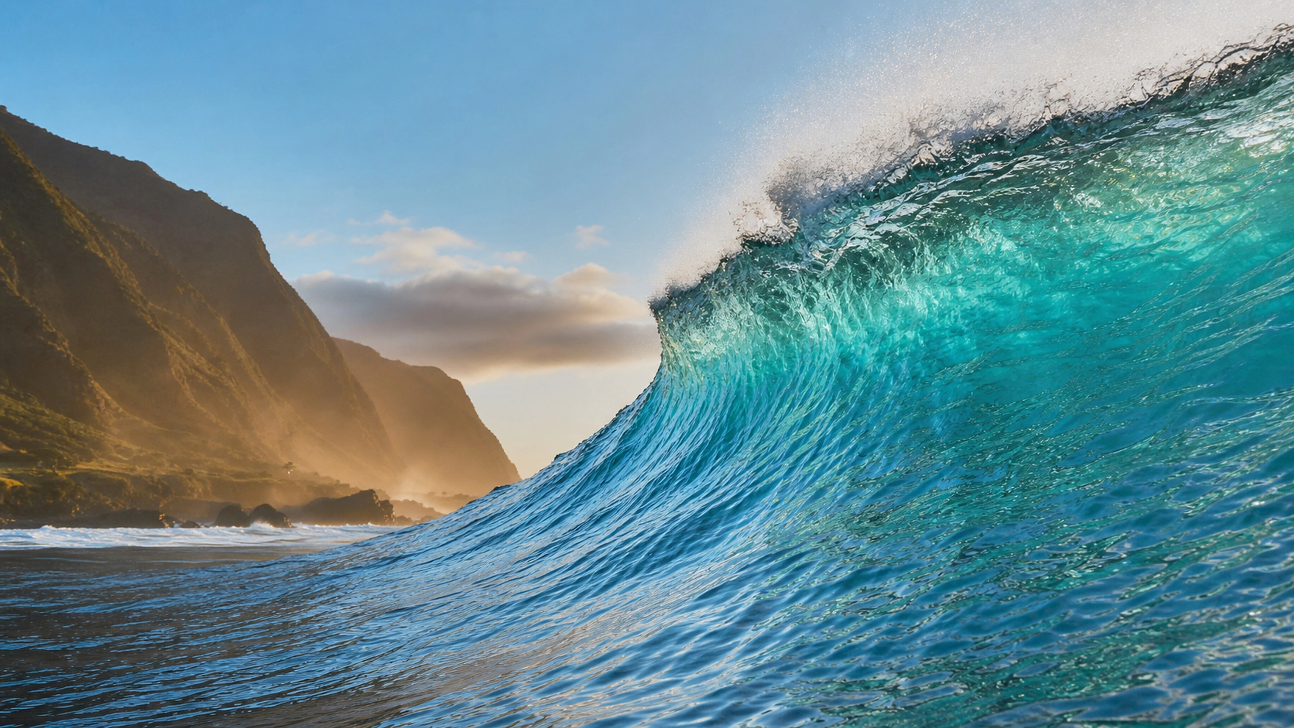Immense unbroken turquoise wave face in open ocean, fine surface detail and scale, original 4K ocean wallpaper