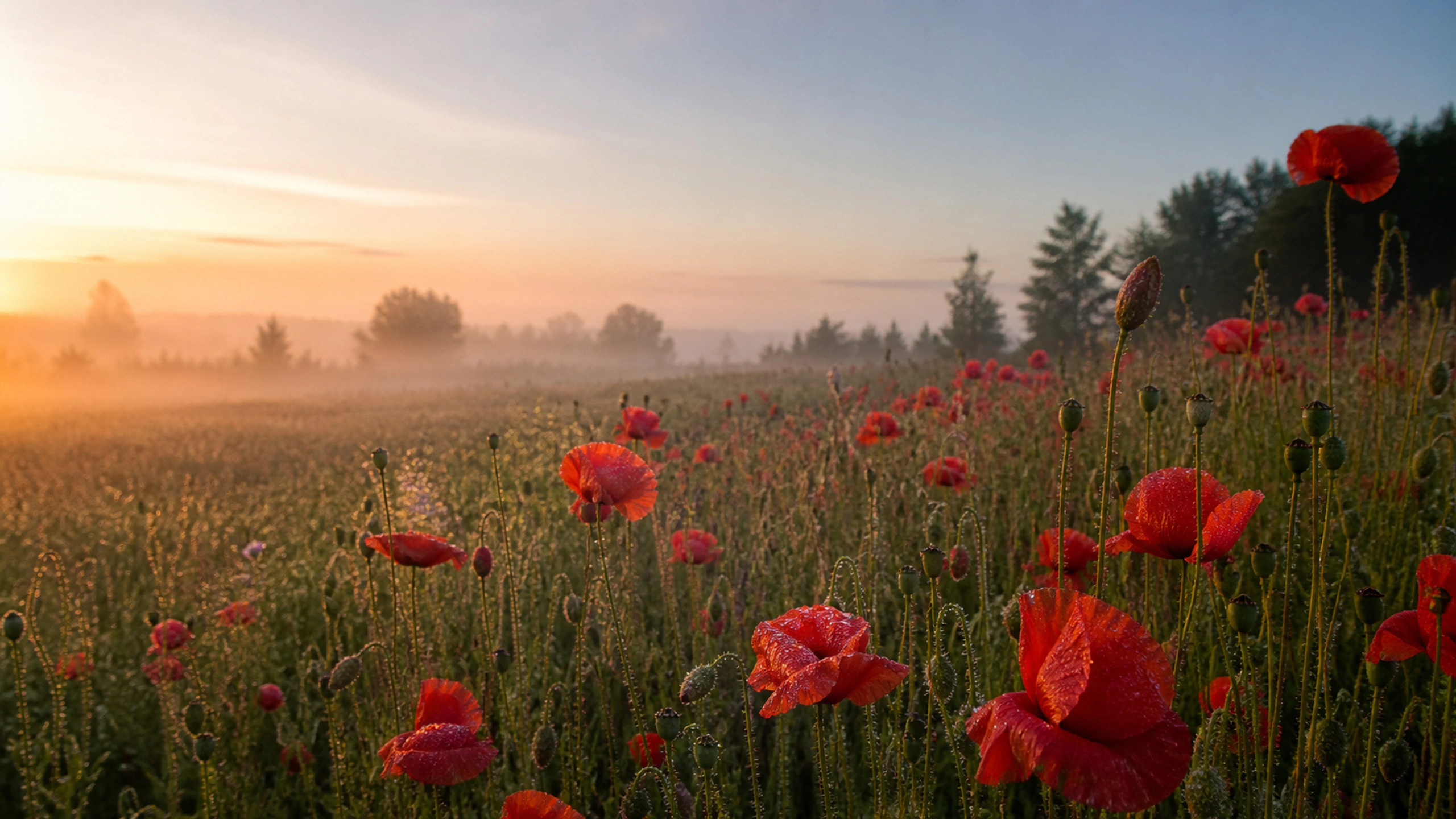 Dew-covered wild poppies across a misty meadow at sunrise, natural varied spacing, original 4K flowers wallpaper