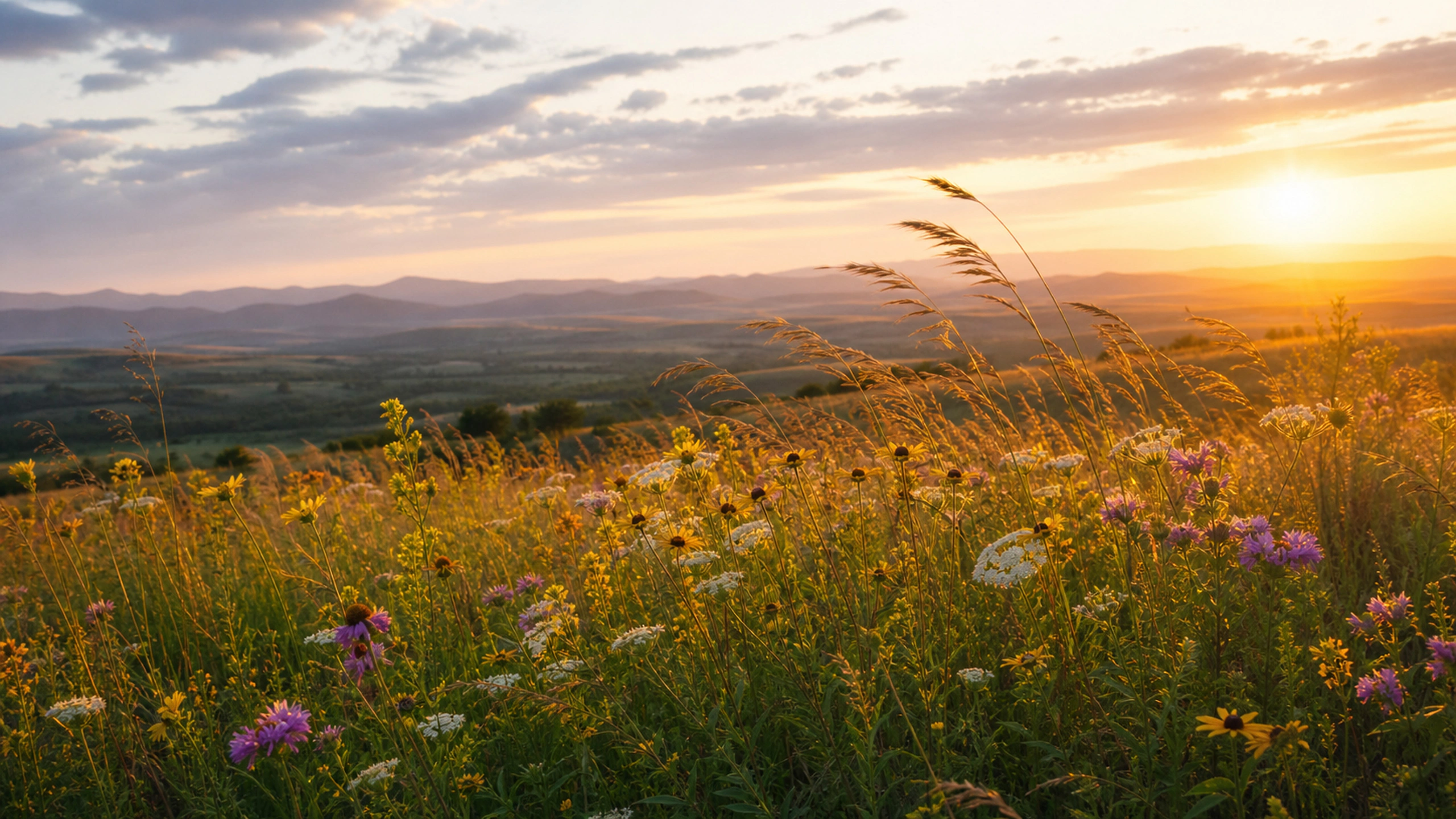 Mixed prairie flowers moving in late-day wind, warm haze and distant hills, original 4K flowers wallpaper