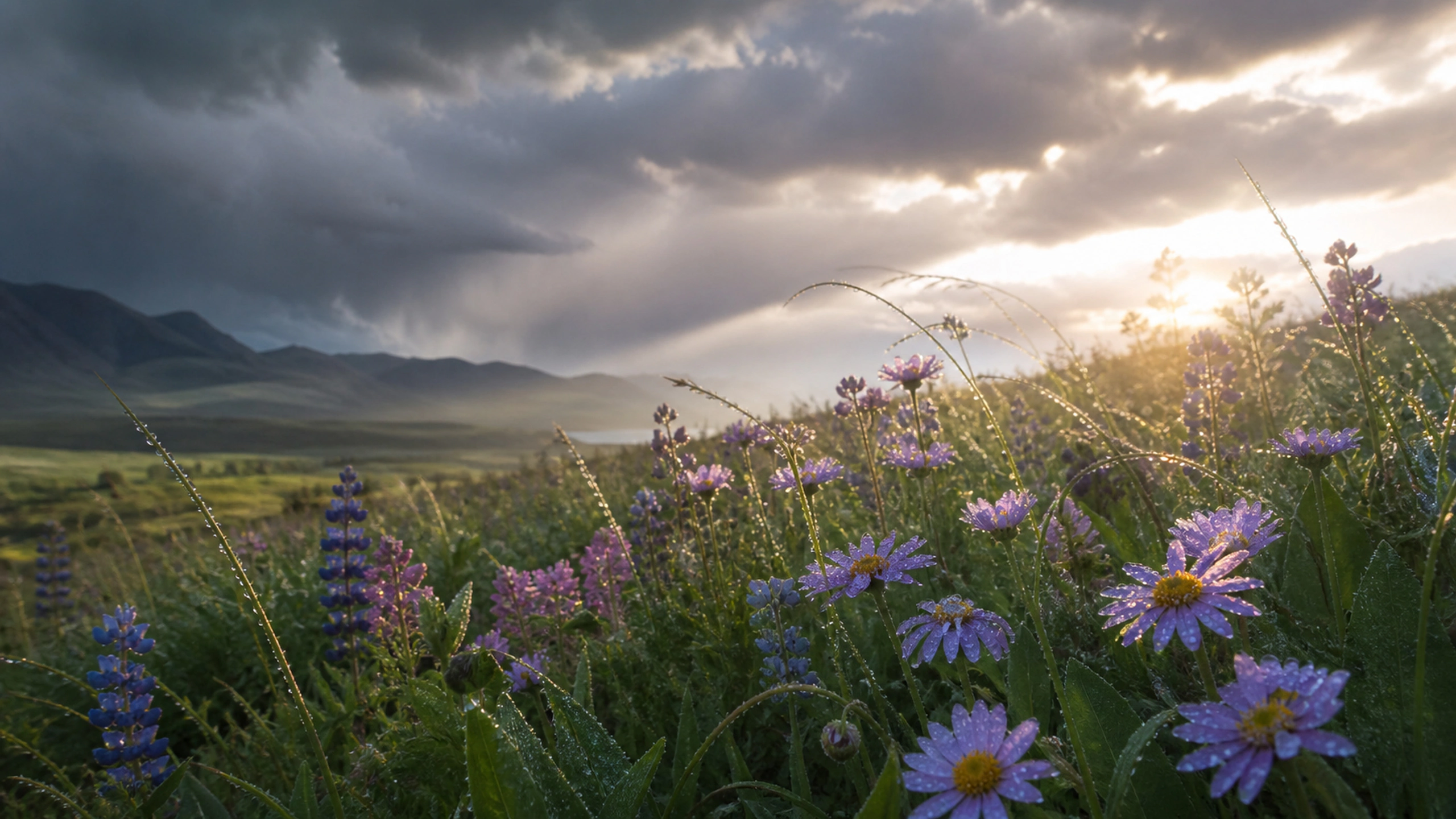 Rain-beaded wildflowers under clearing storm light, low macro-to-landscape viewpoint, original 4K flowers wallpaper