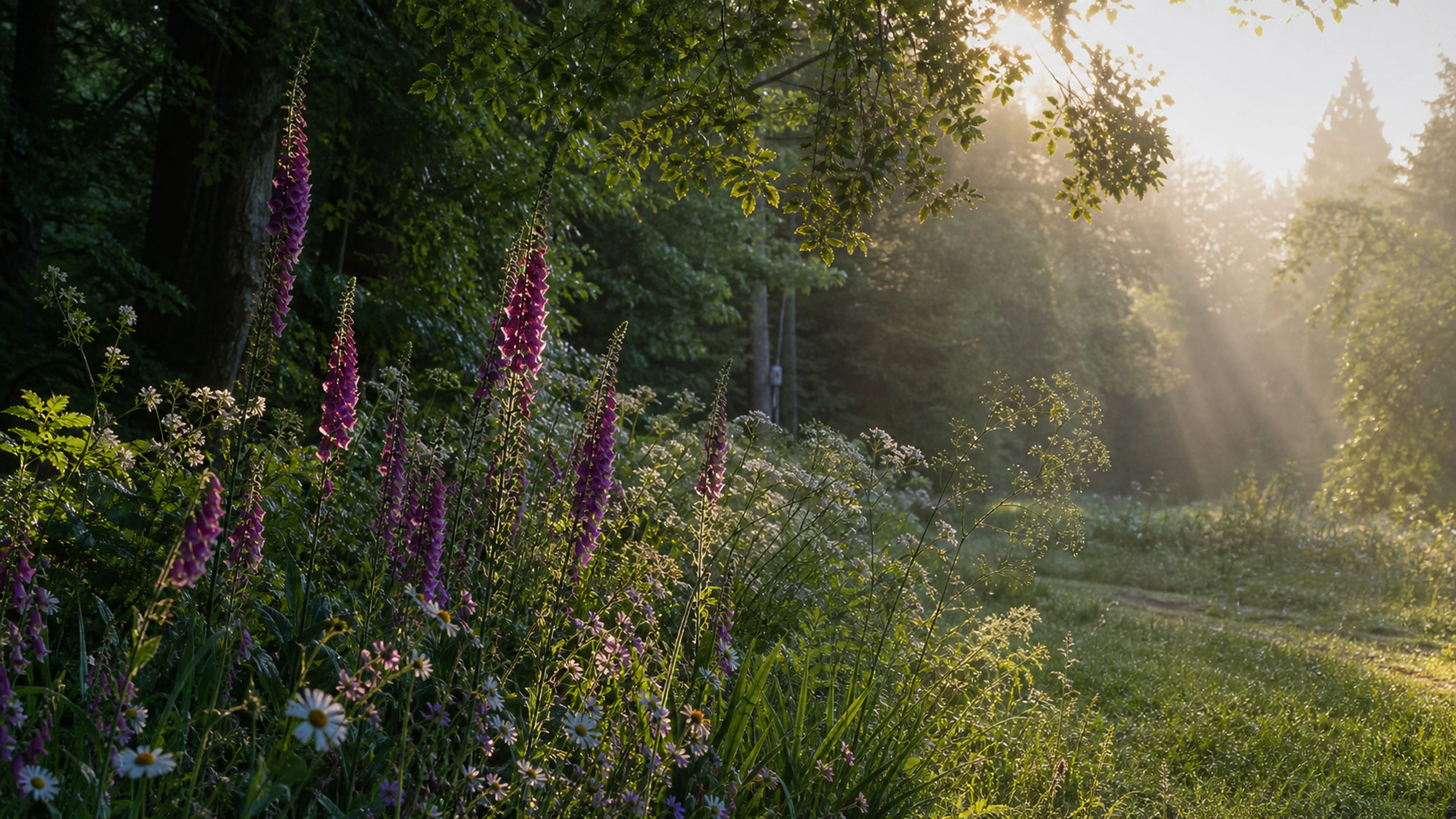 Foxgloves and small woodland flowers at a shaded forest edge, shafts of real sunlight, original 4K flowers wallpaper