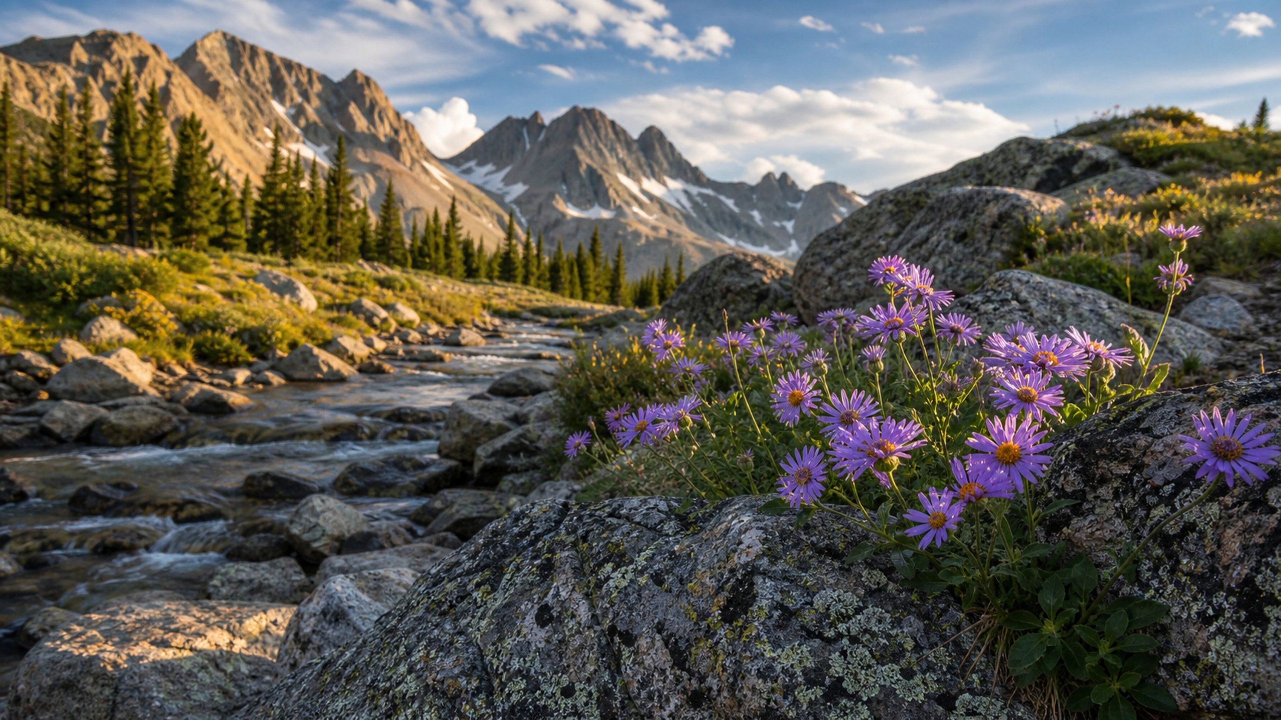 Purple asters among granite stones beside a high-country stream, crisp daylight, original 4K flowers wallpaper