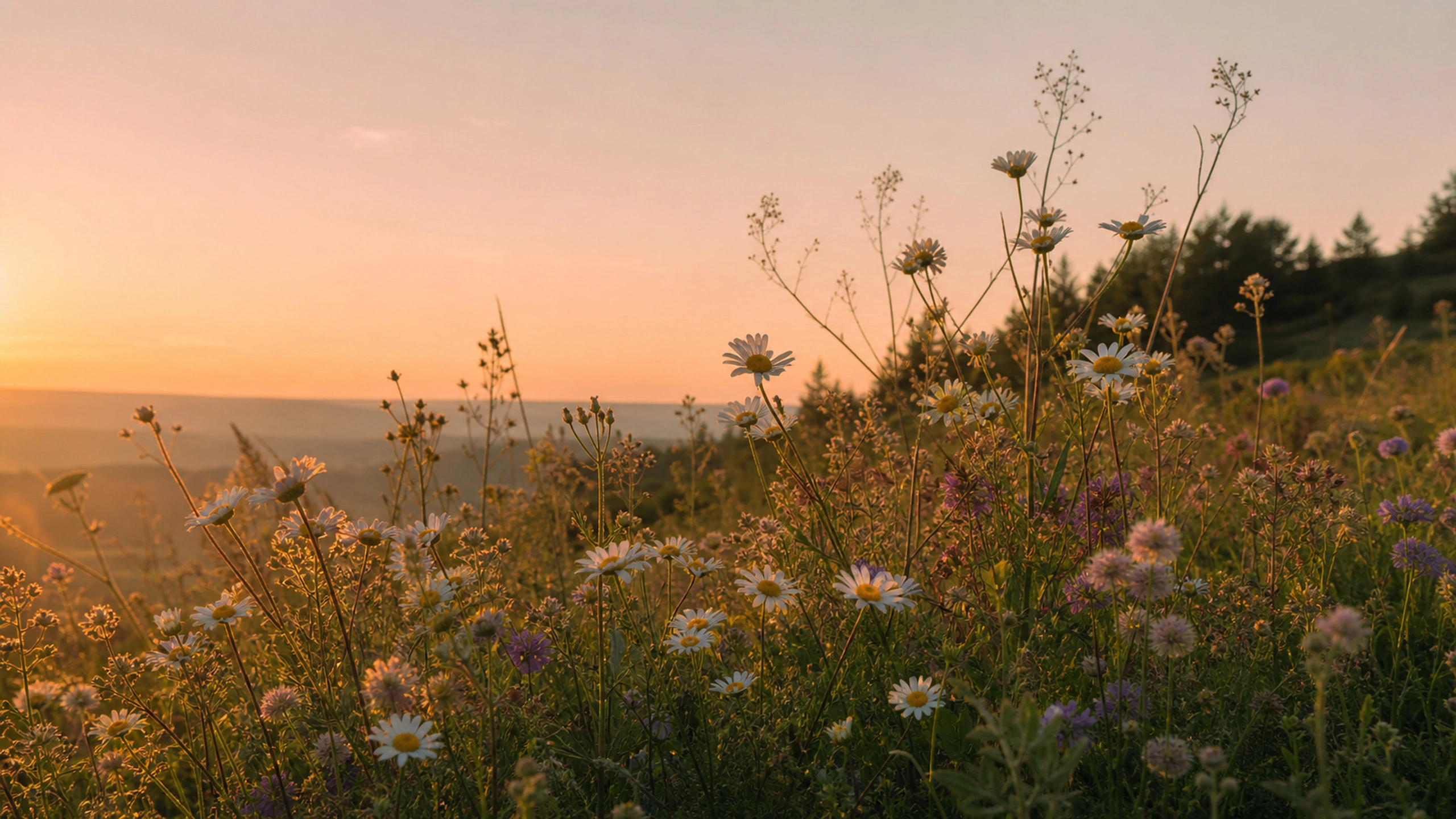 Detailed meadow flowers against restrained peach sunset haze, low backlit composition, original 4K flowers wallpaper