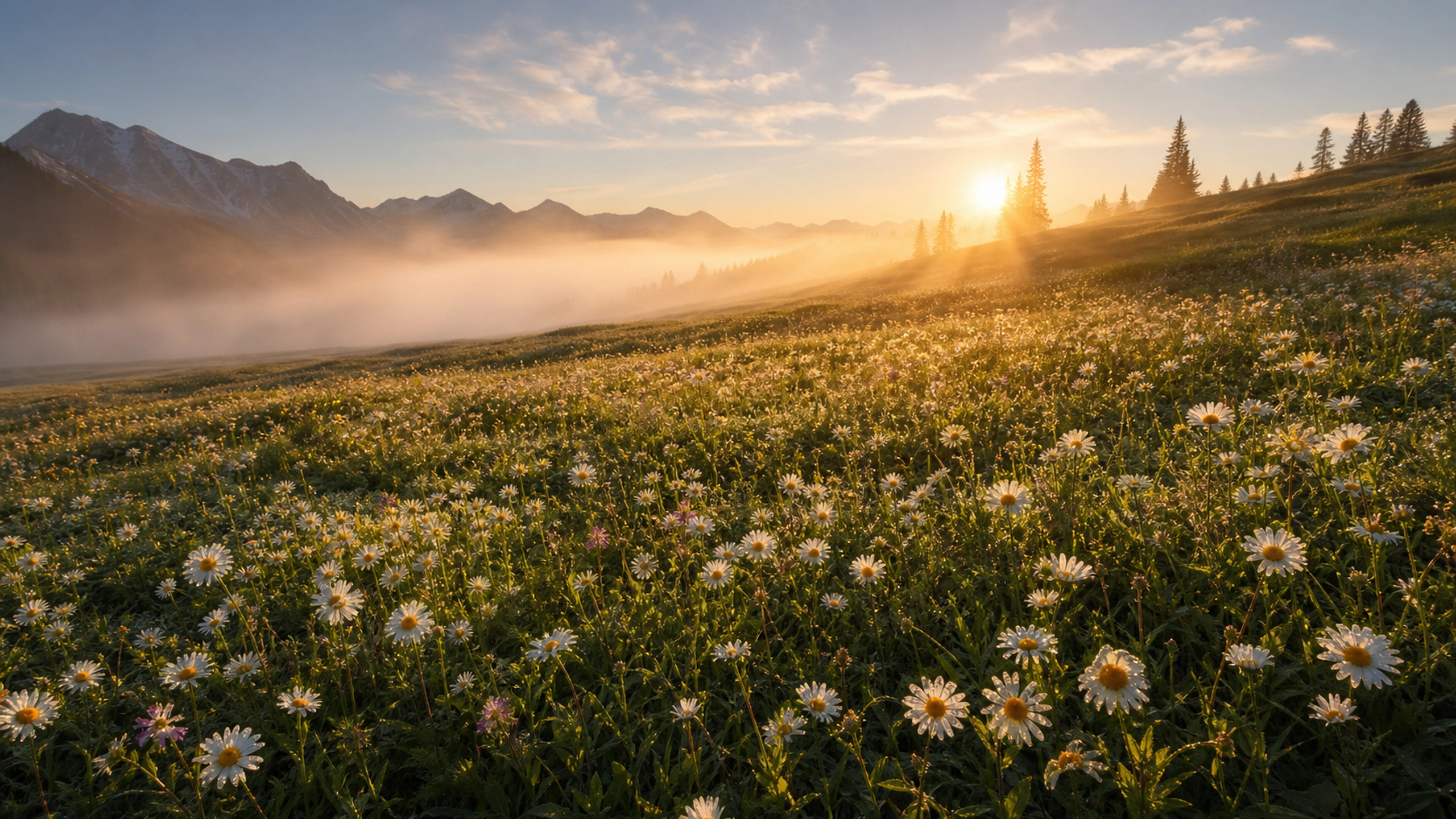 Vast field of varied white daisies catching low sunrise through light ground mist, original 4K flowers wallpaper