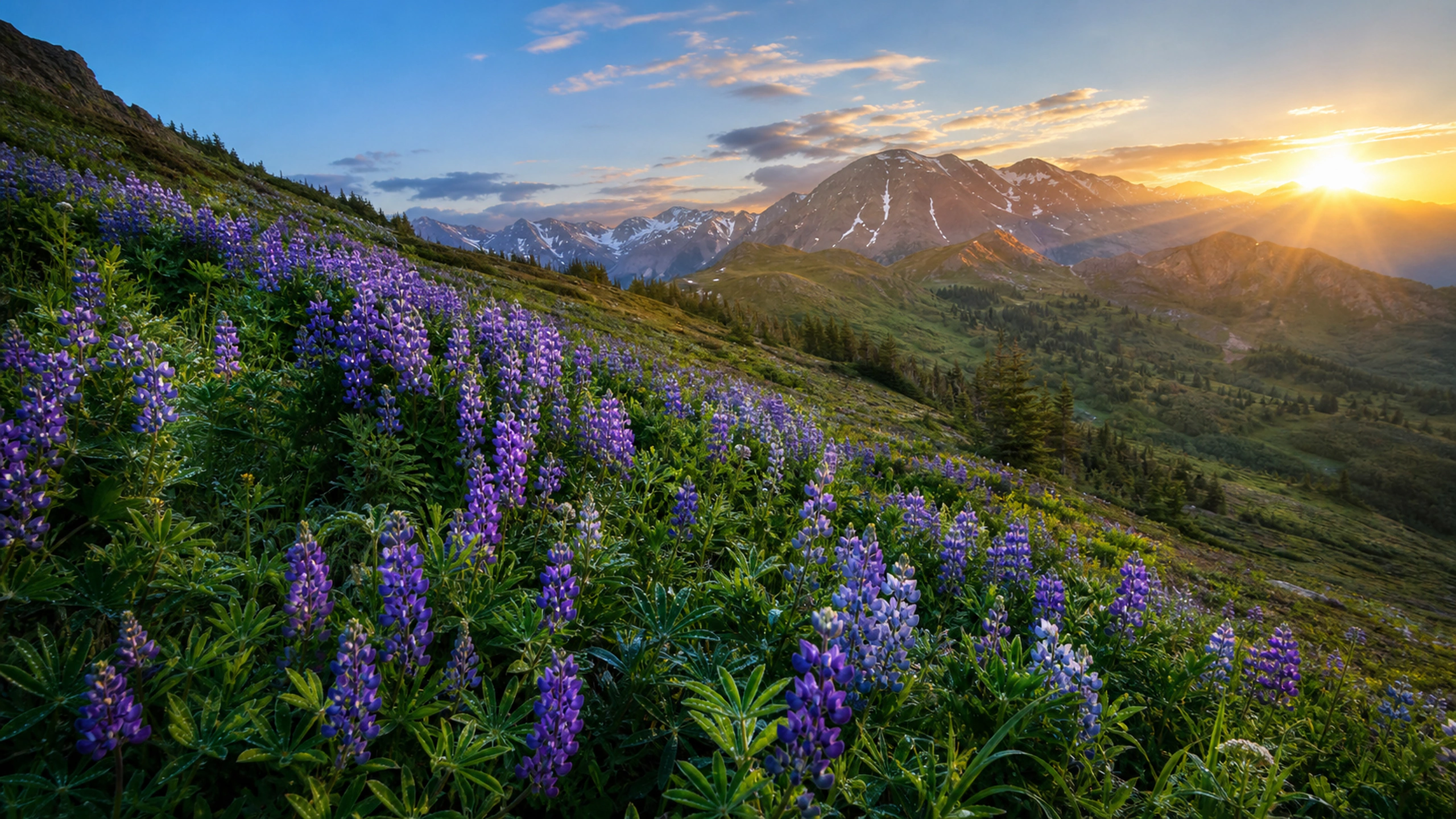 Purple and blue lupines ascending a meadow slope toward glowing mountain light, original 4K flowers wallpaper
