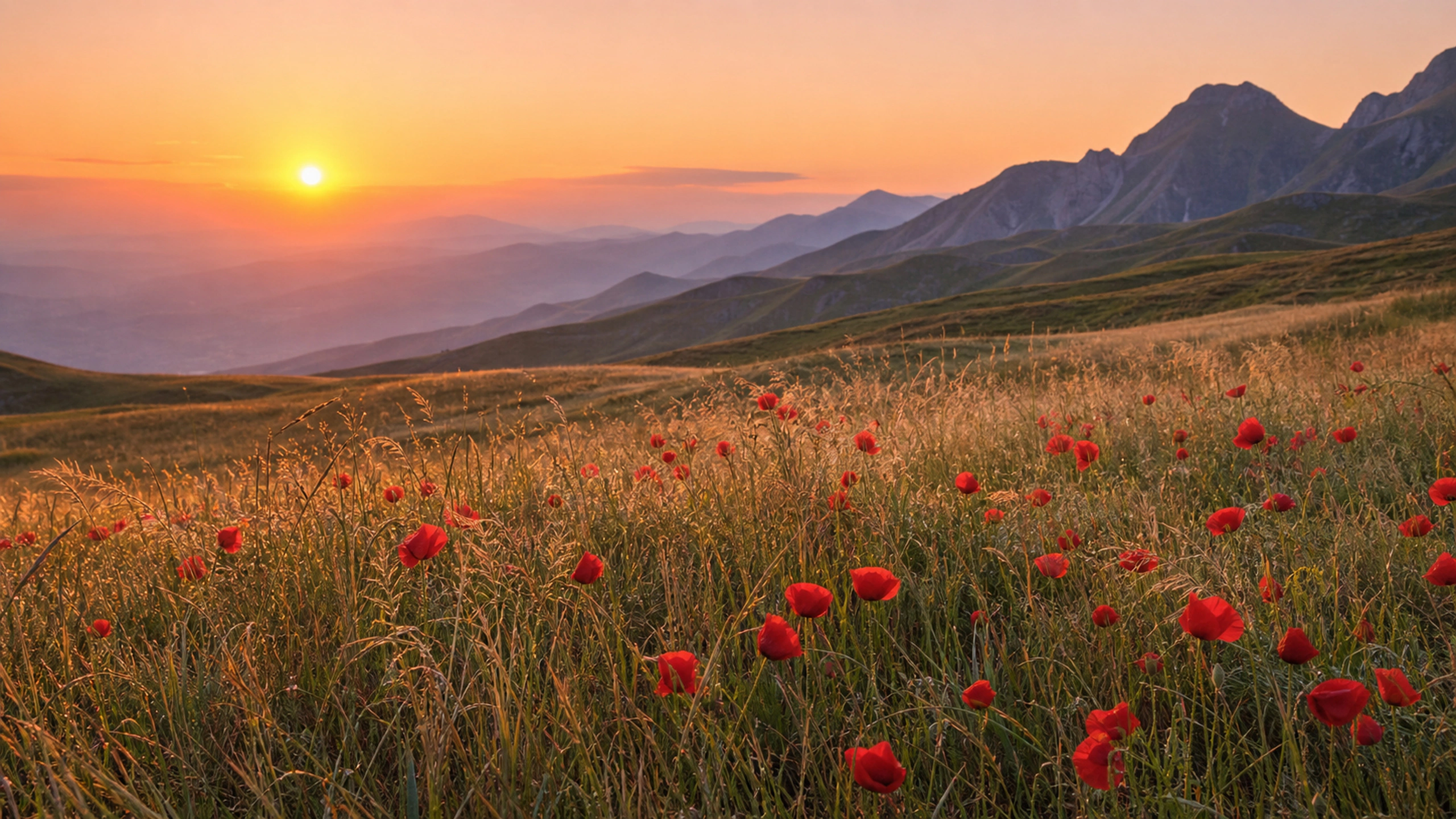 Red poppies scattered naturally across golden grass beneath a soft peach sunrise, original 4K flowers wallpaper