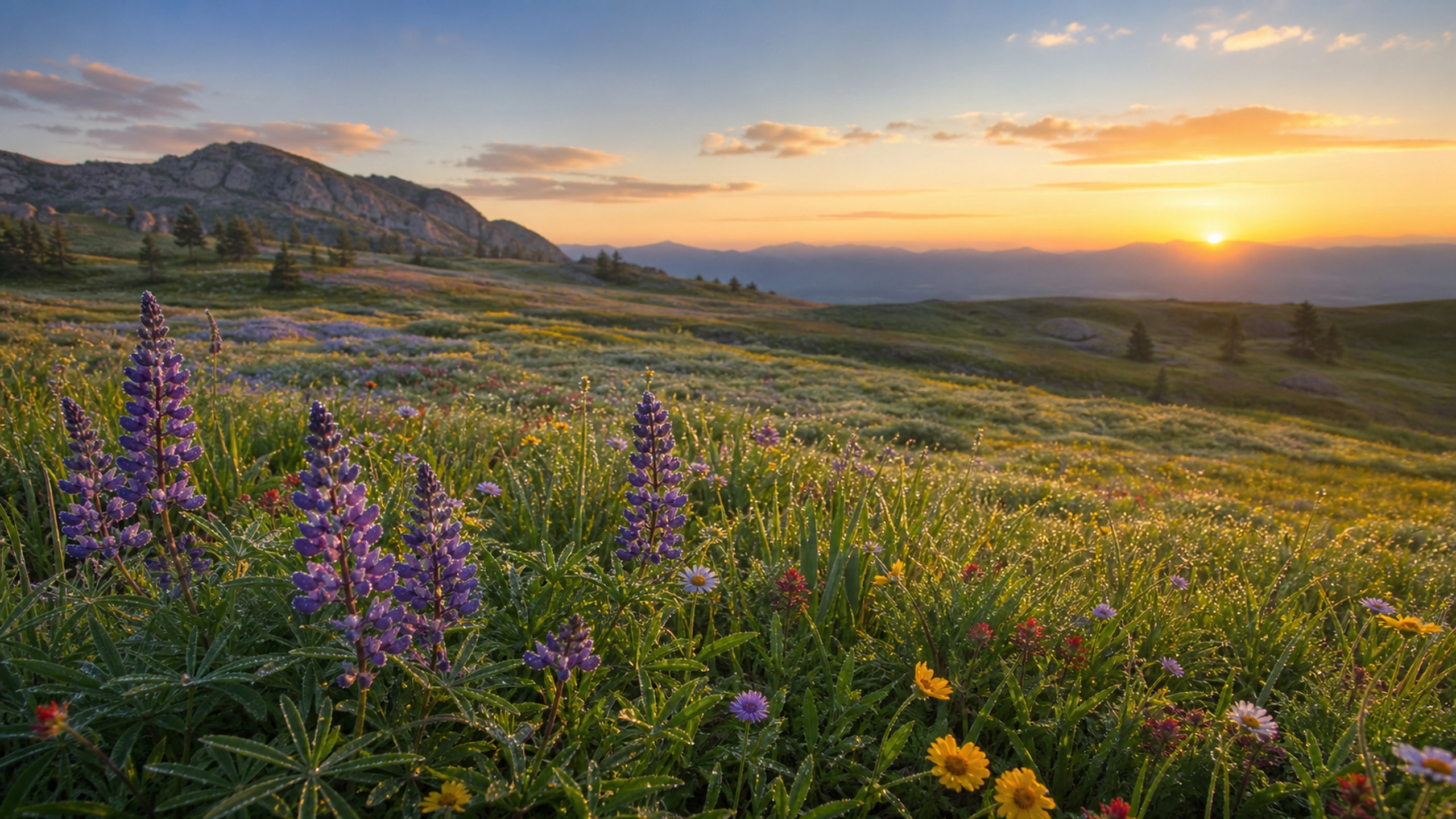 Sharp dew-covered foreground flowers opening into a broad sunrise meadow, original 4K flowers wallpaper
