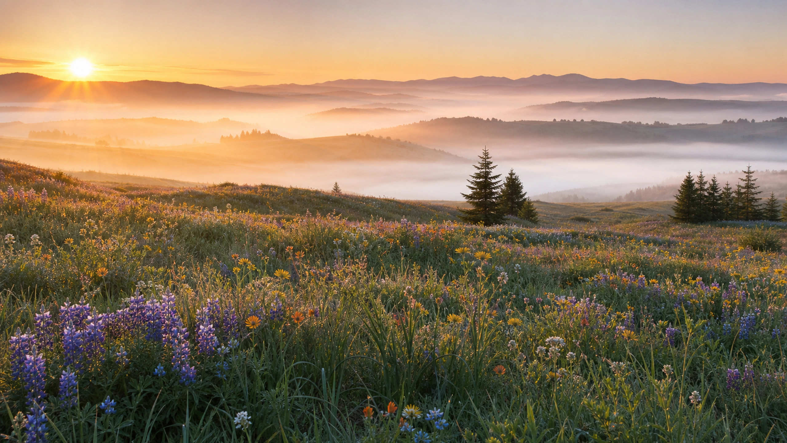 Successive wildflower meadow ridges fading into warm dawn fog, original 4K flowers wallpaper