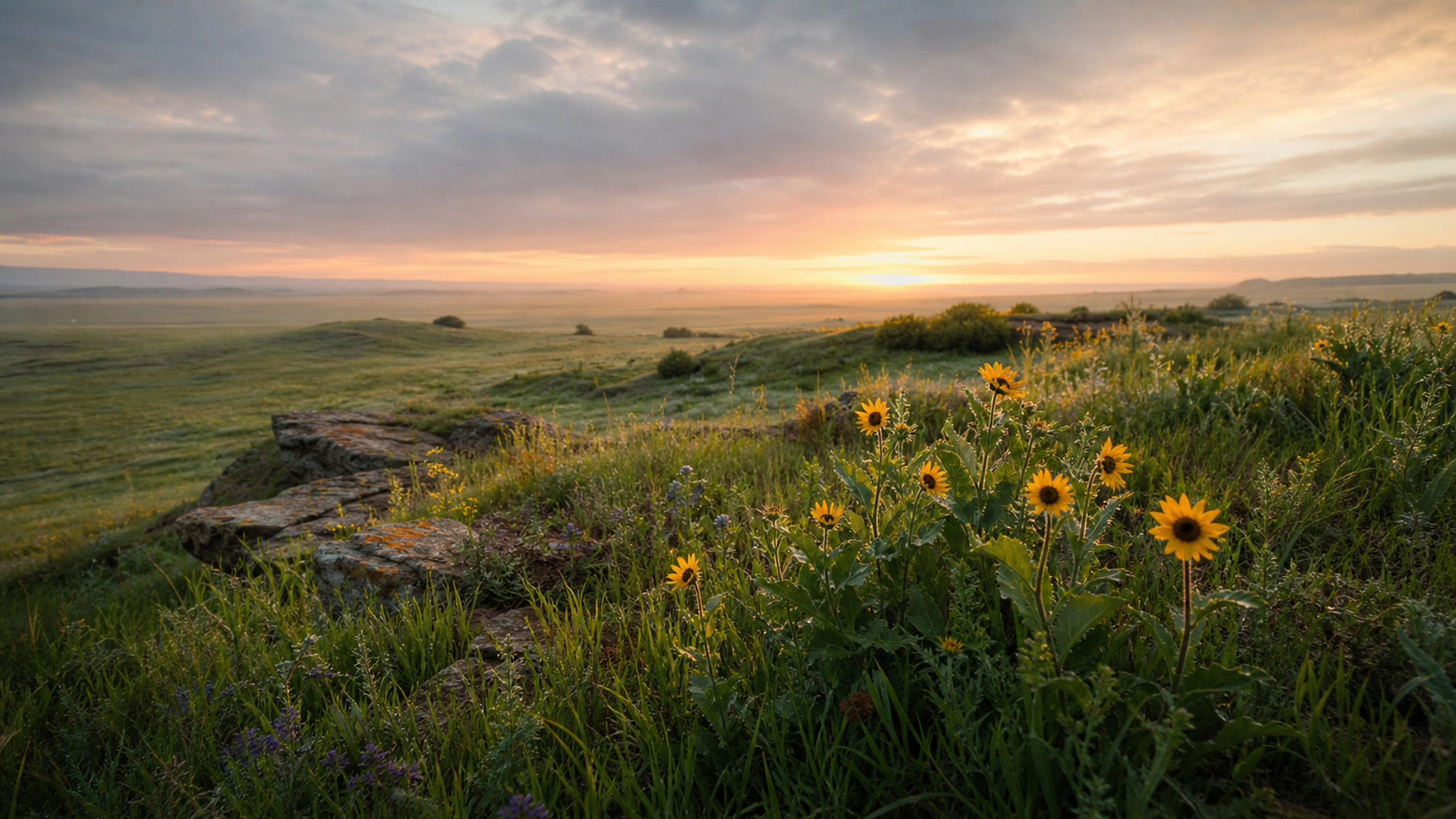 Small wild sunflowers along an open prairie edge under early morning cloud, original 4K flowers wallpaper