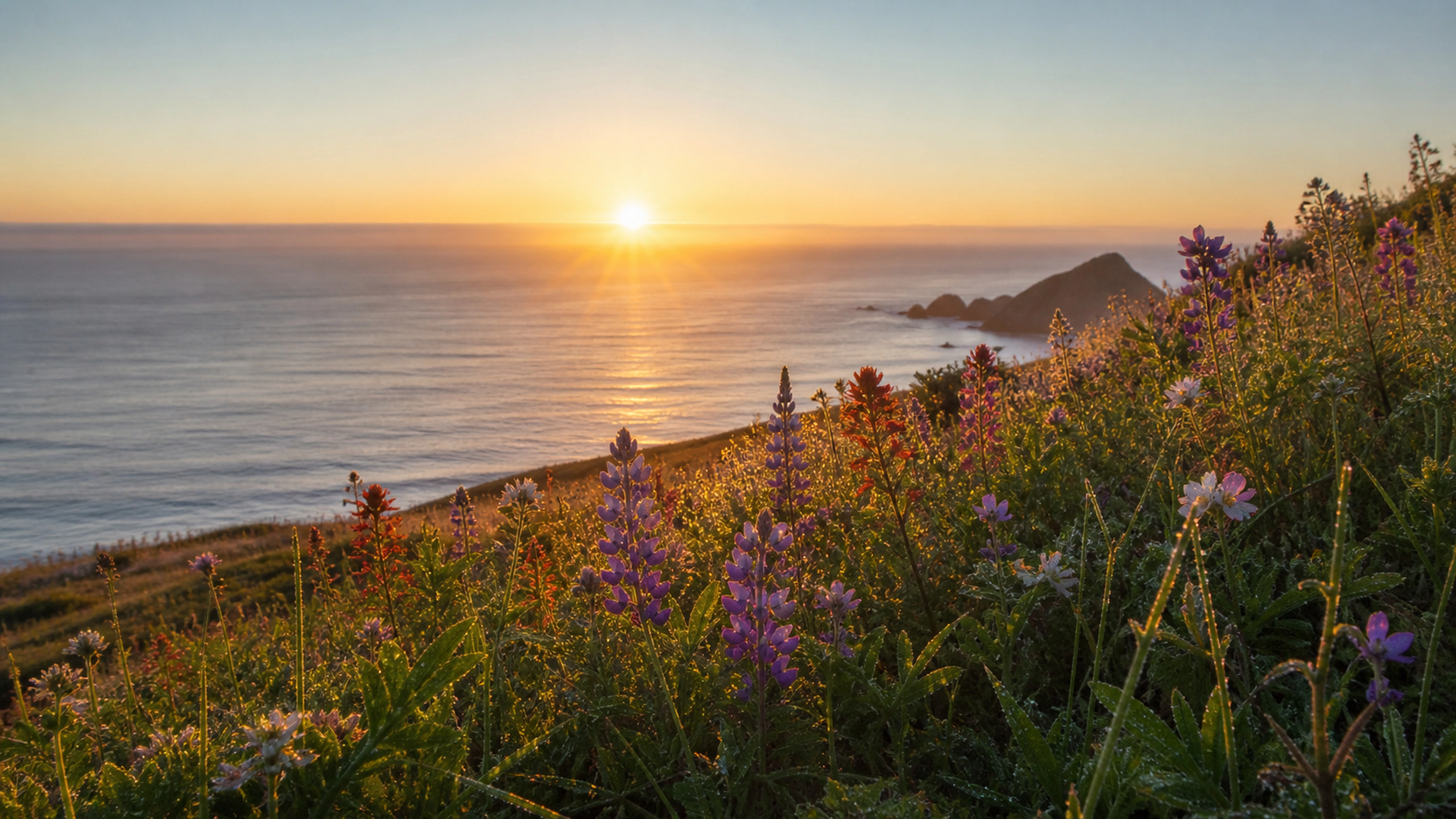 Native coastal flowers lit from behind above a calm dawn ocean, original 4K flowers wallpaper