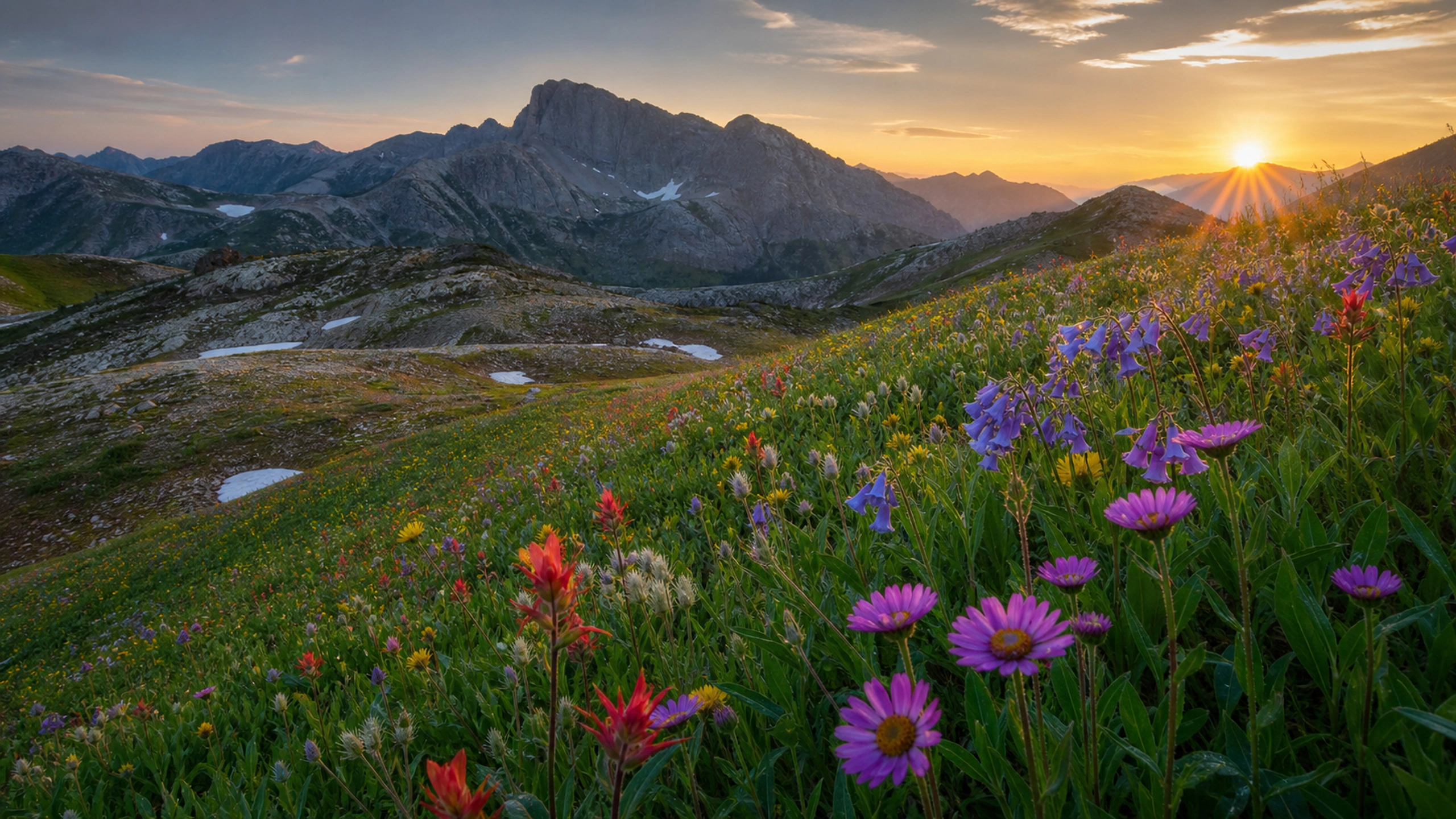 Colorful high-altitude flower field beneath still-shadowed peaks and first sun, original 4K flowers wallpaper