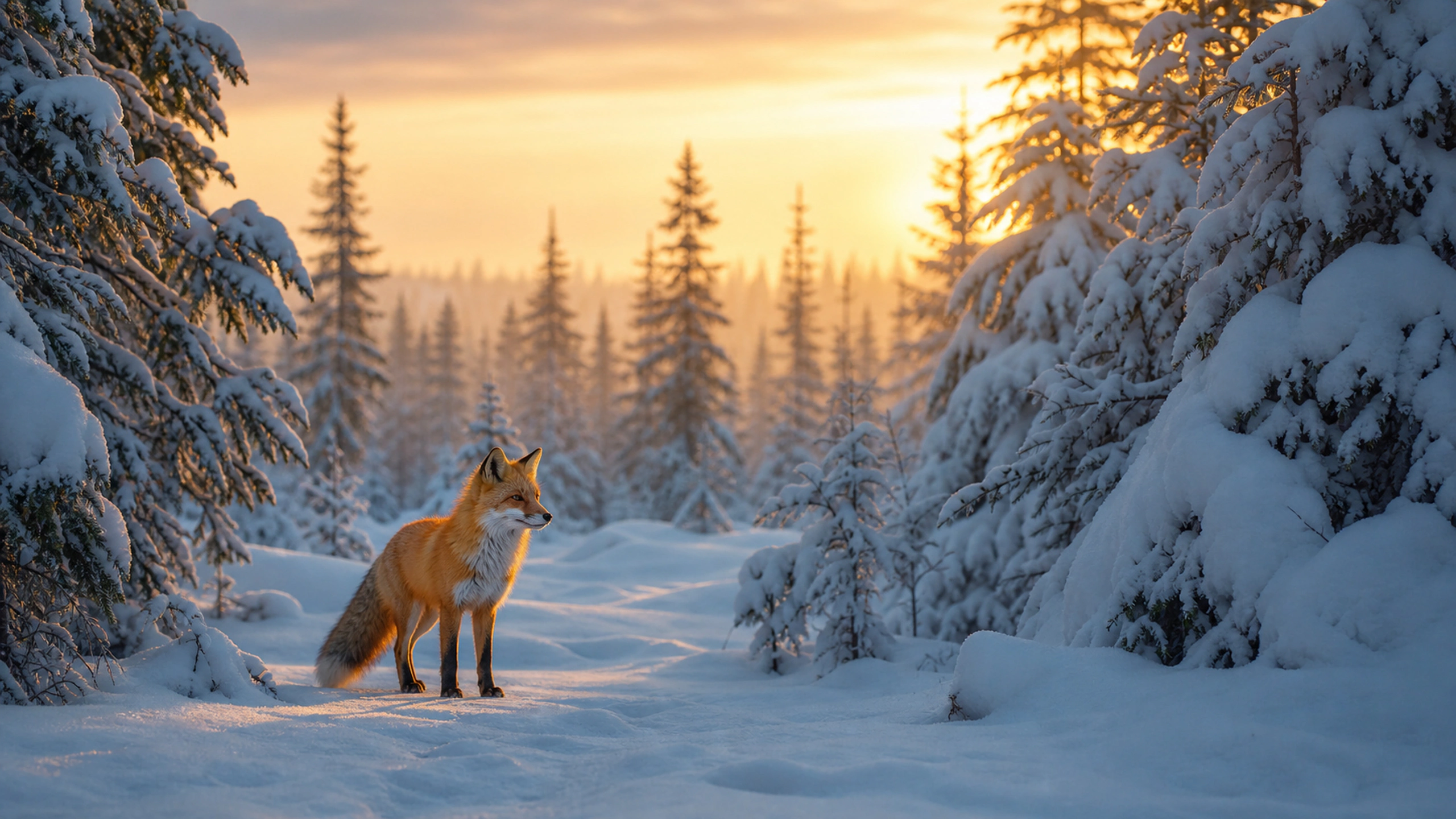 Red fox standing between snow-laden pines as a narrow warm dawn beam reaches its fur, original 4K animals wallpaper