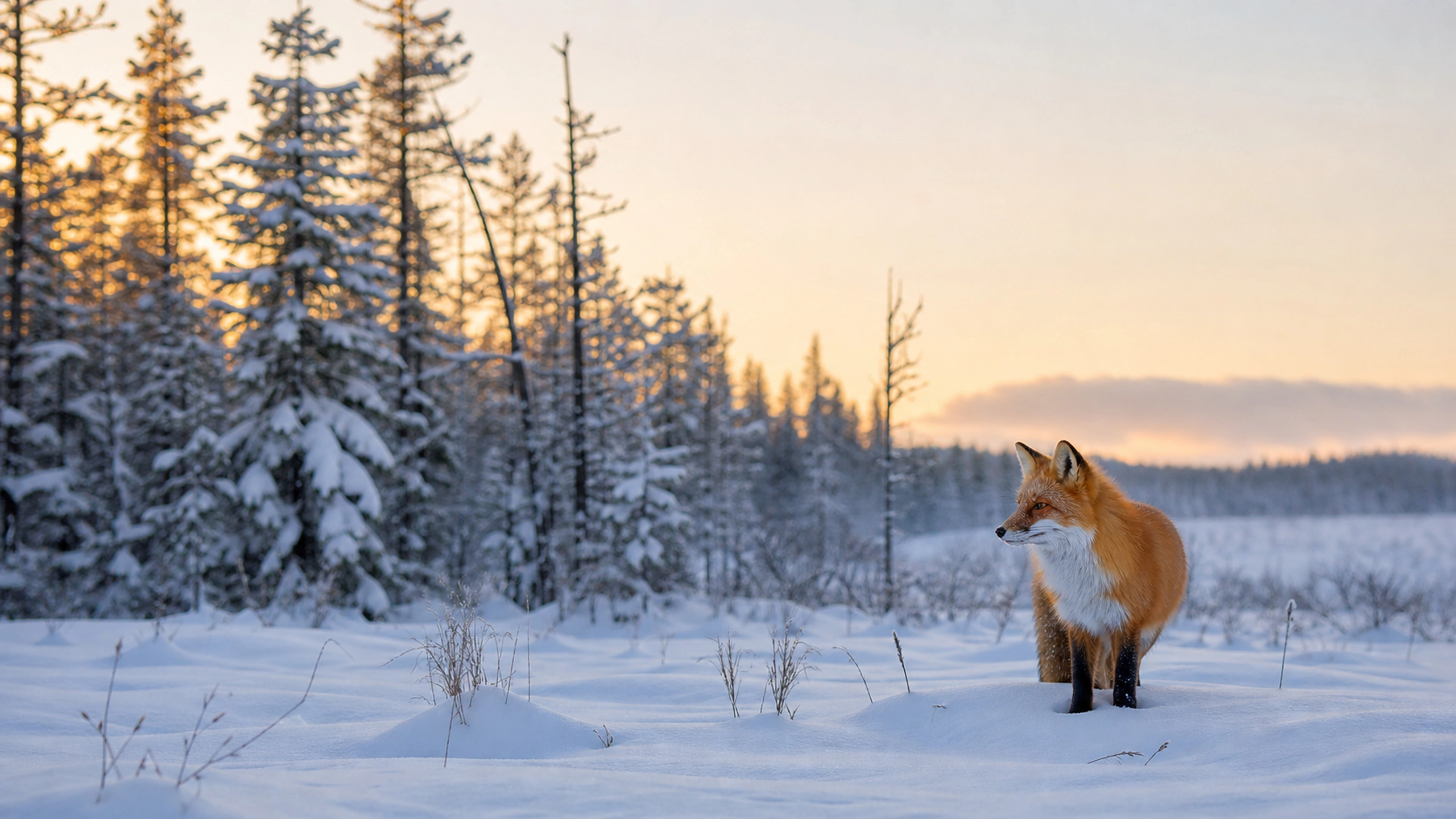 Red fox captured naturally leaping into deep snow in an open winter meadow, original 4K animals wallpaper