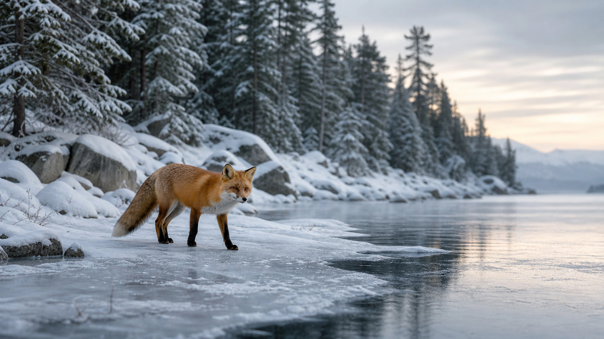 Red fox walking beside translucent lake ice under soft overcast light, original 4K animals wallpaper