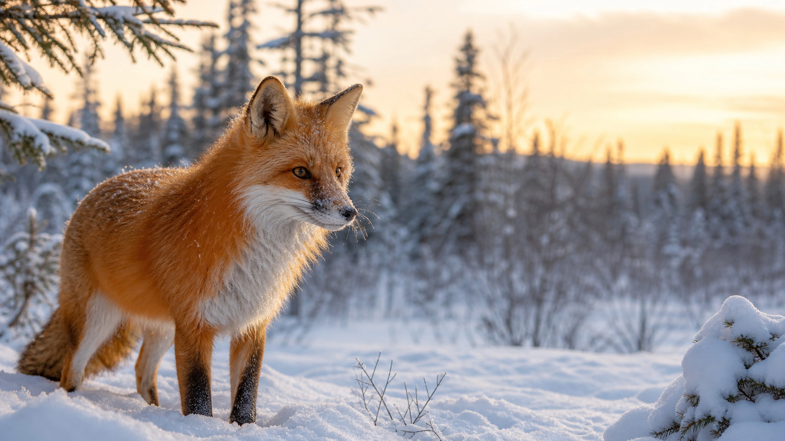 Close environmental portrait of a red fox with snow on whiskers, blurred forest behind, original 4K animals wallpaper