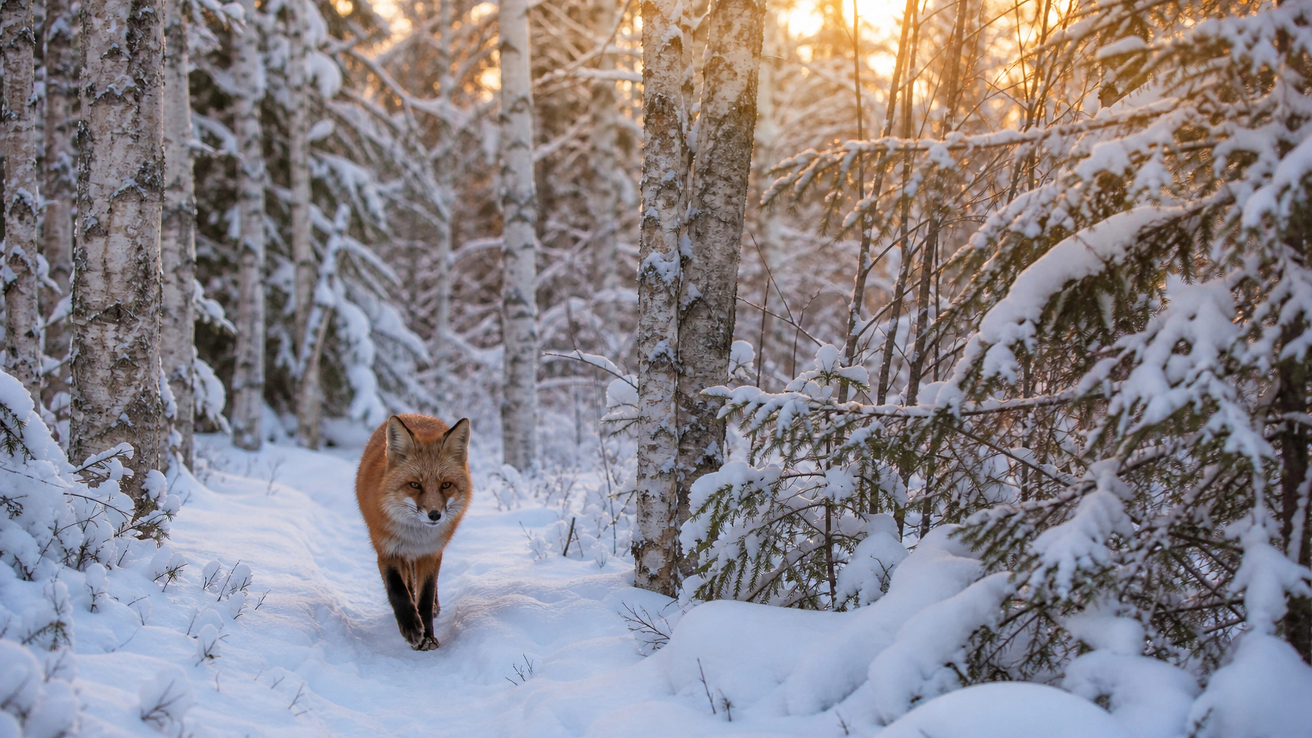 Red fox trotting down a narrow birch forest trail after fresh snowfall, original 4K animals wallpaper