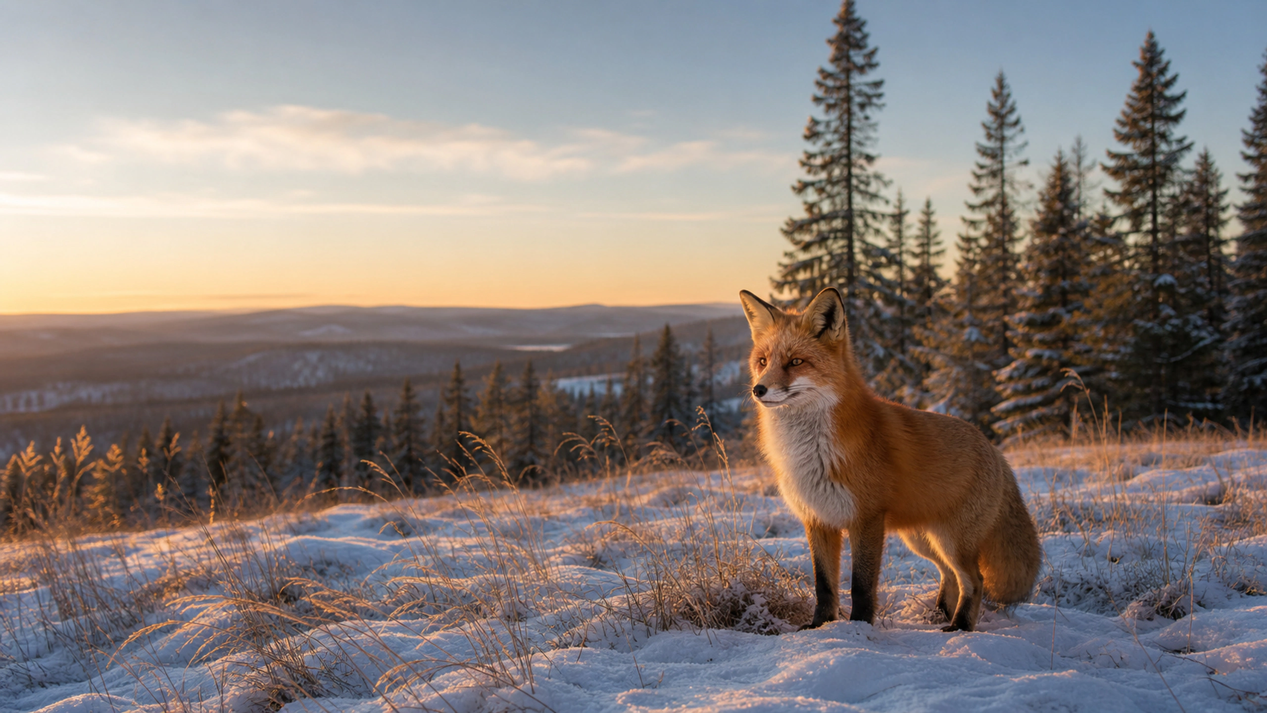 Red fox among dry golden grass emerging through patchy early-winter snow, original 4K animals wallpaper