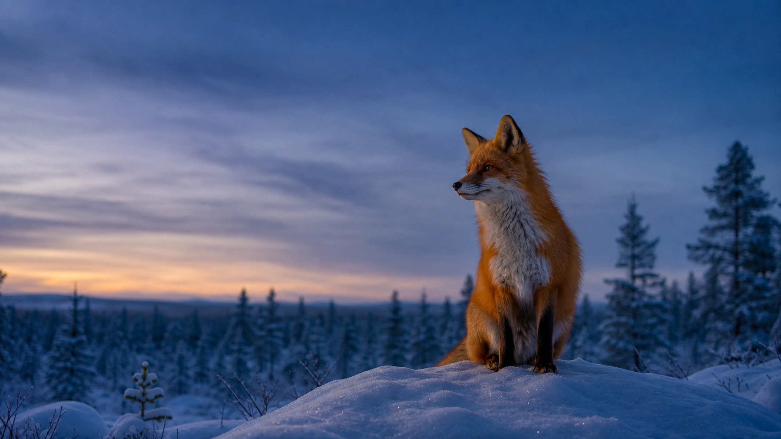 Red fox seated on a snowbank at blue hour, believable low-light exposure, original 4K animals wallpaper