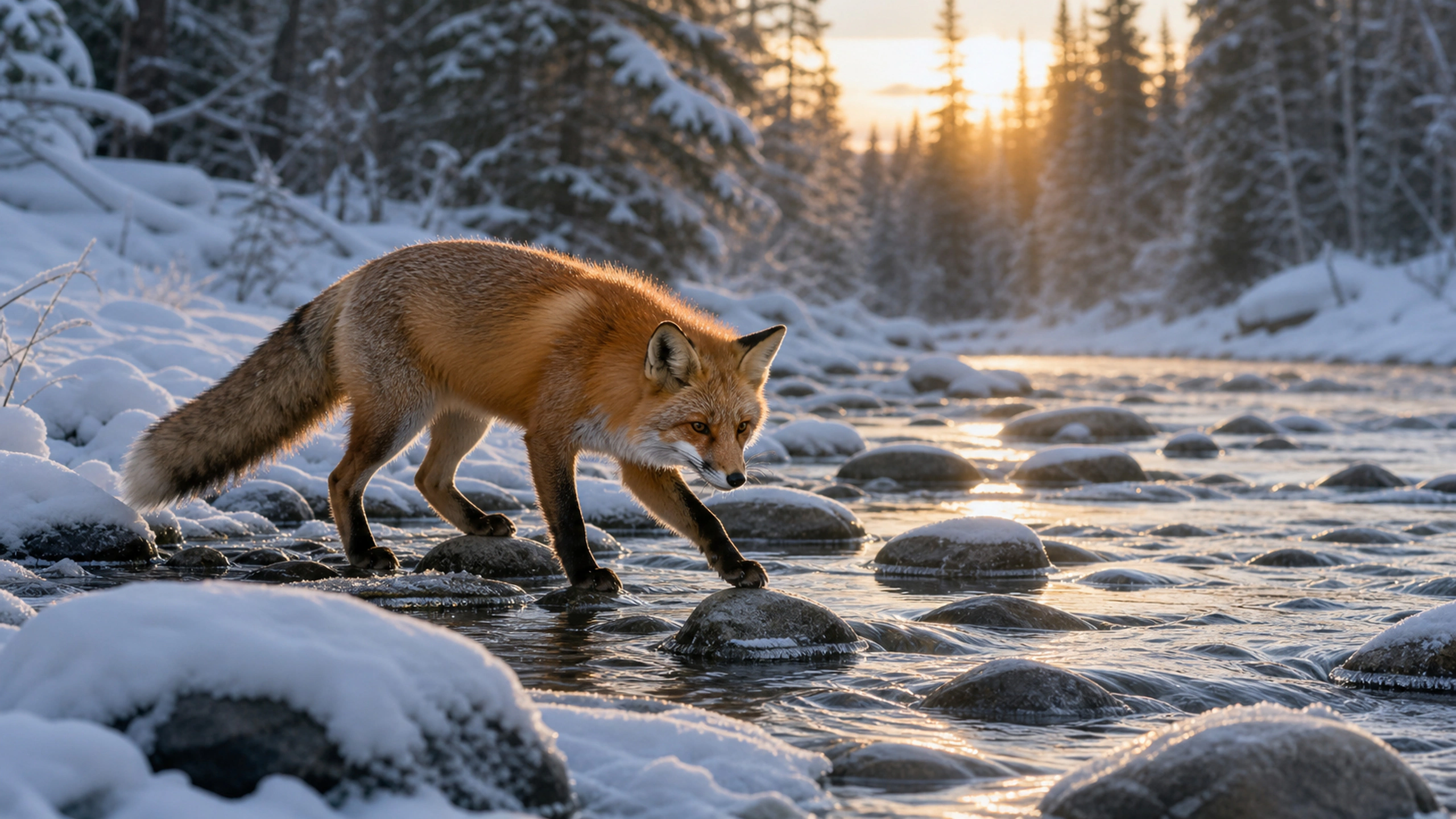 Red fox stepping carefully across stones in a cold woodland creek, original 4K animals wallpaper