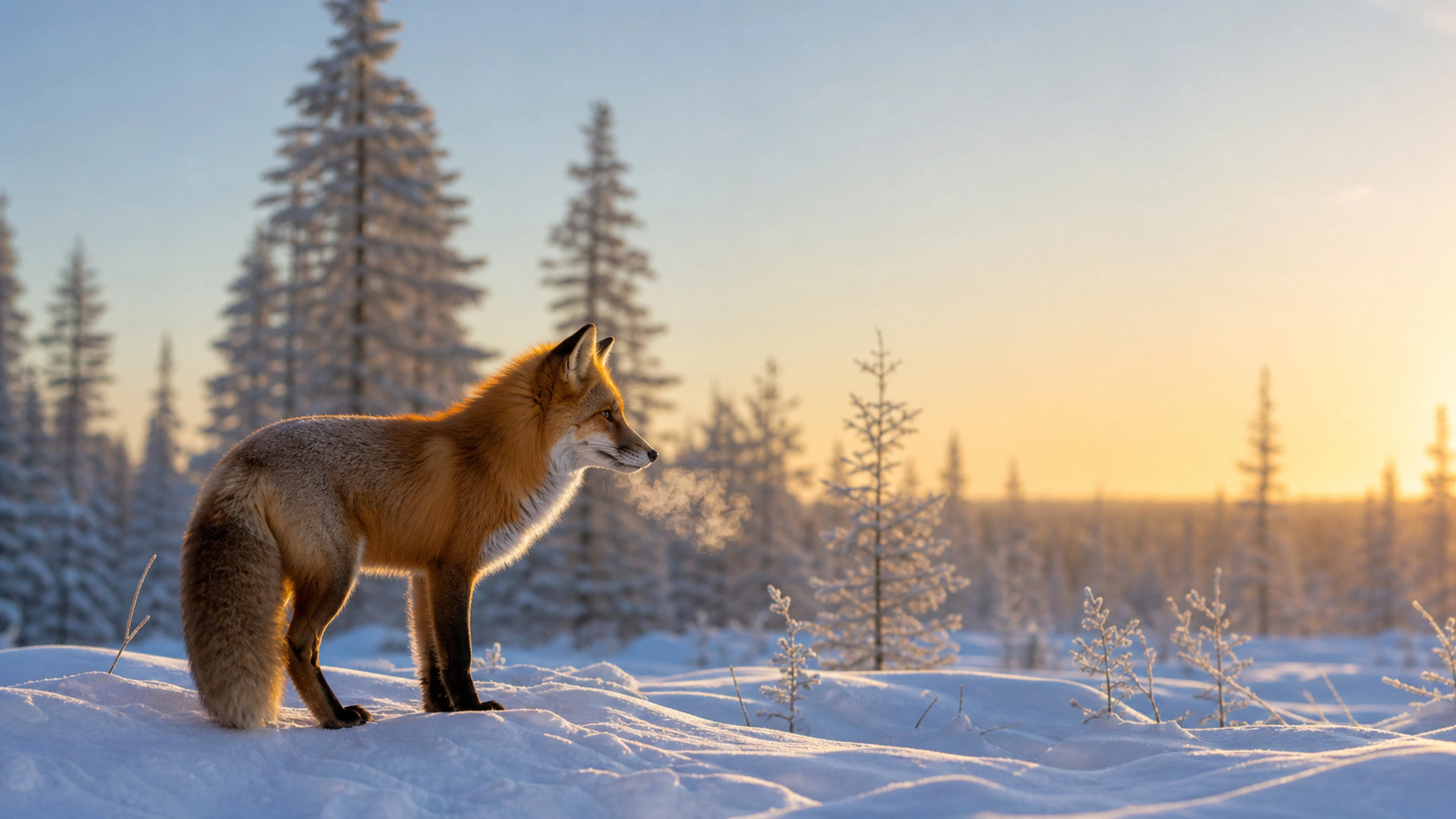 Side profile of a red fox on a subzero morning with subtle visible breath, original 4K animals wallpaper