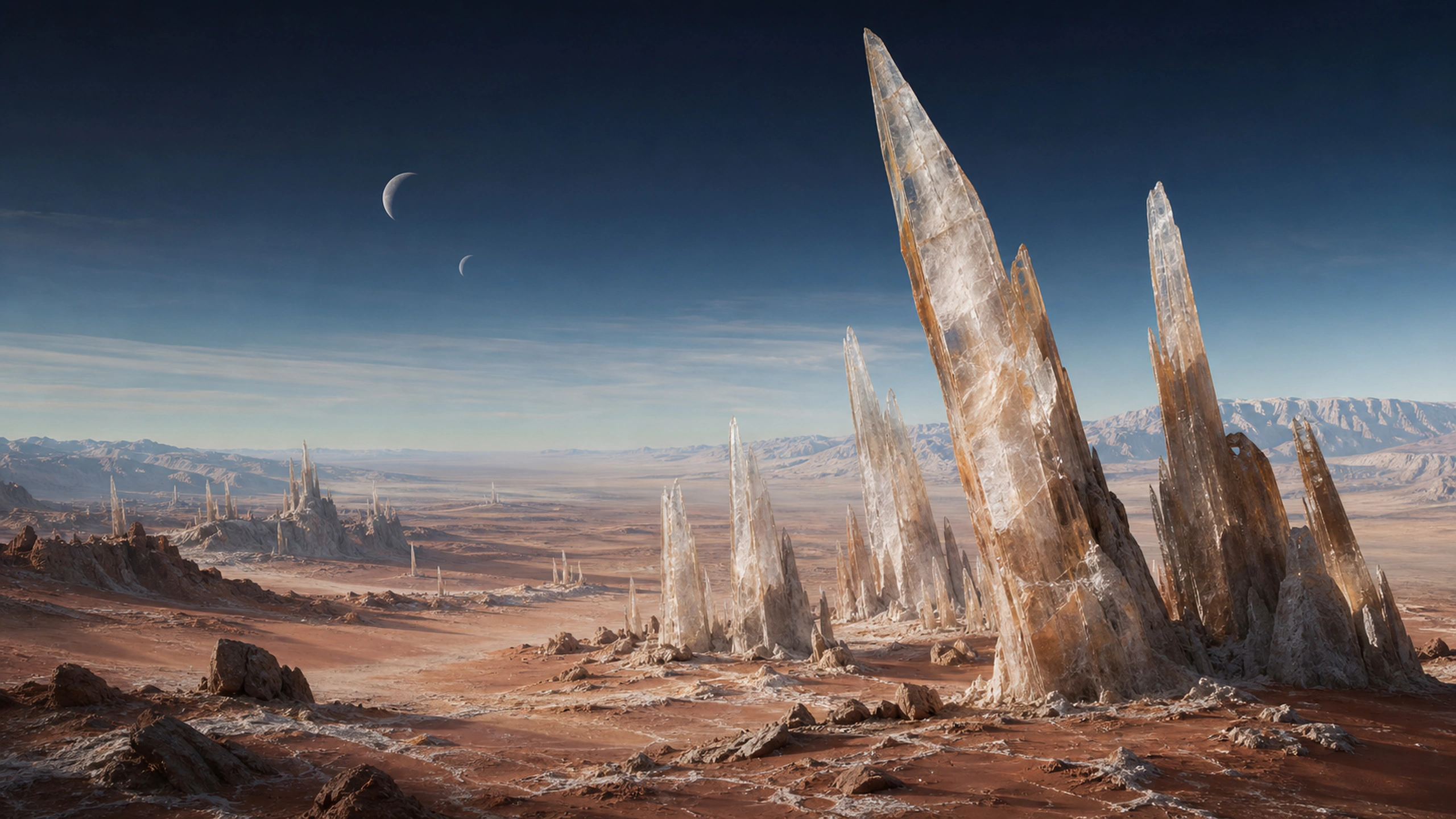 Vast alien desert of natural translucent mineral spires beneath two small moons, original 4K sci fi worlds wallpaper