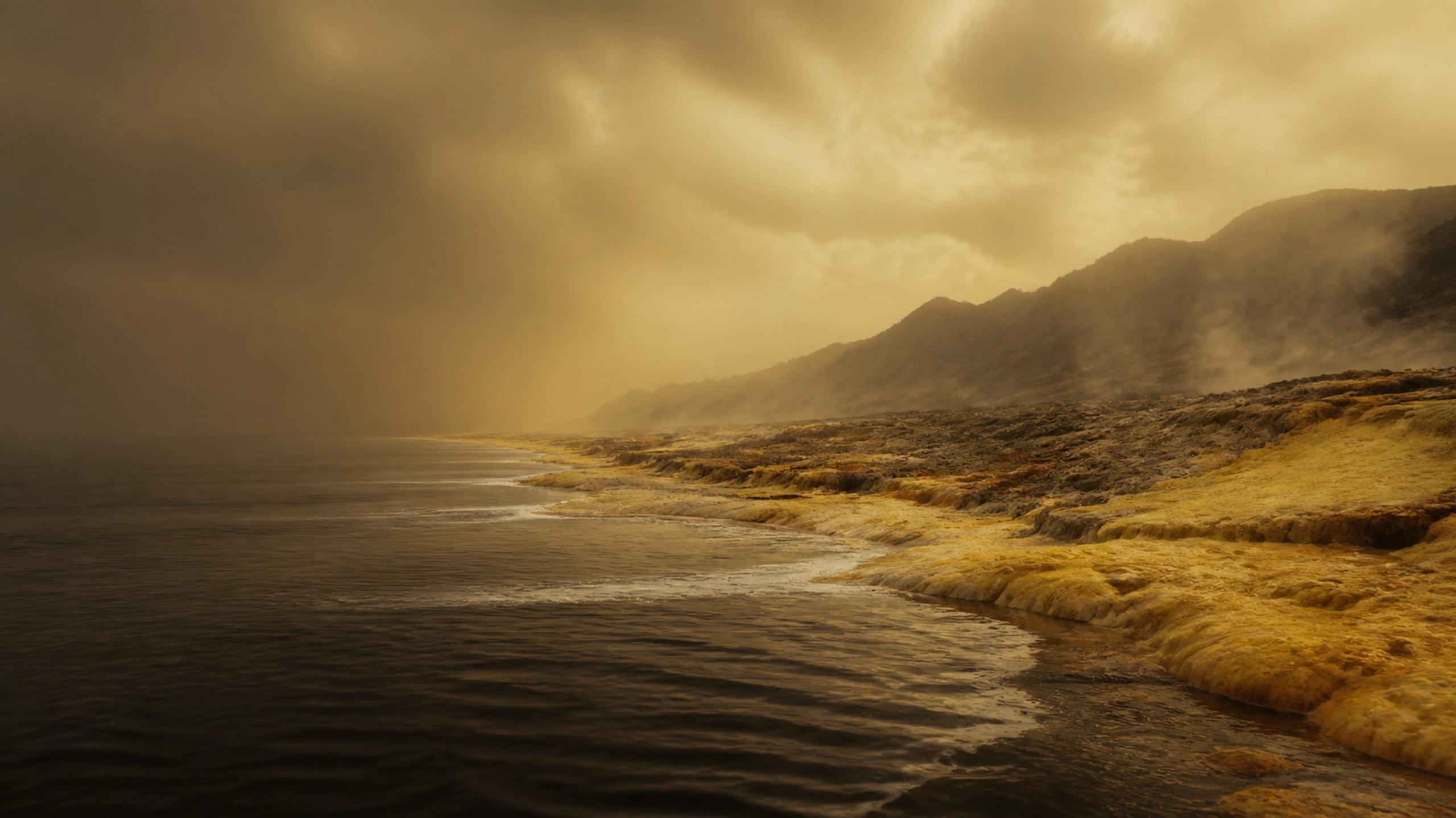 Dark hydrocarbon sea meeting an amber alien shore beneath dense atmospheric haze, original 4K sci fi worlds wallpaper